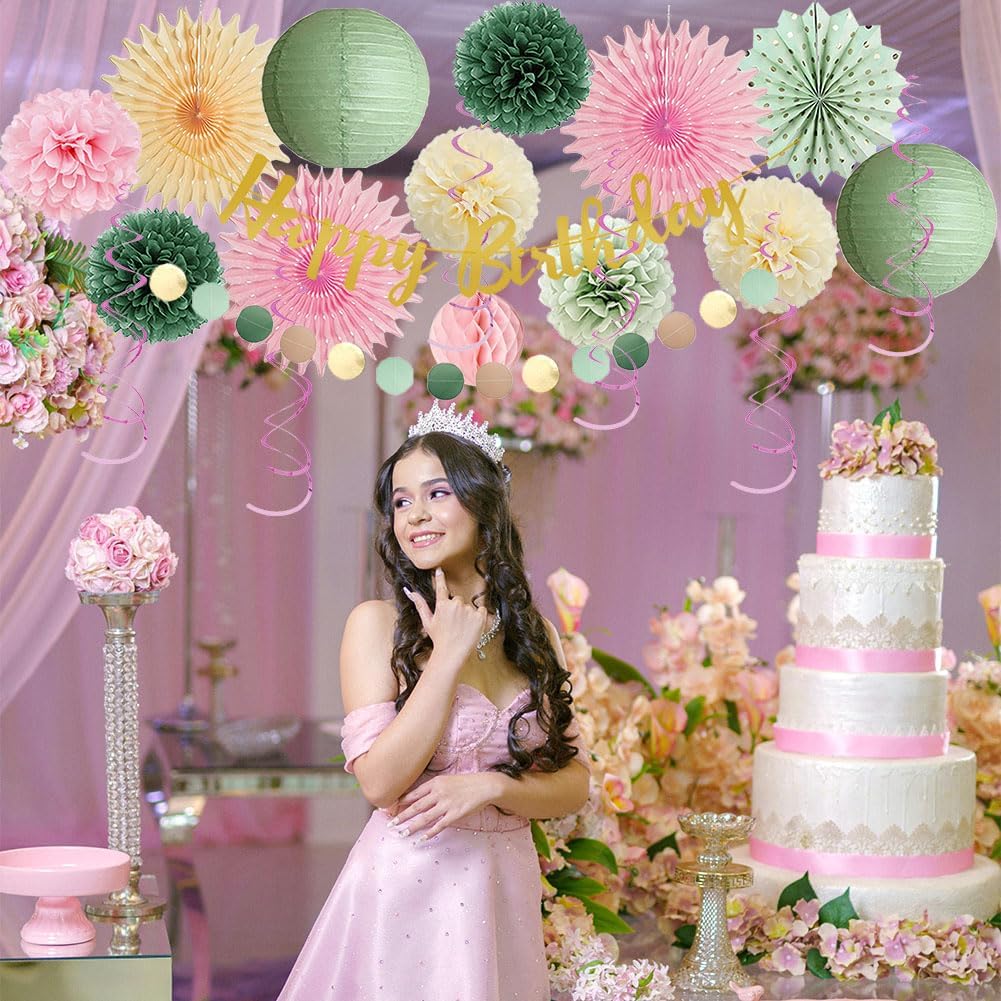 Sage Green and Pink Birthday Decorations for Women Cream Light Pink Paper Fans Tissue Paper Pom Poms Olive Green and Pink Birthday Decorations with Happy Birthday Banner Gold for Girls