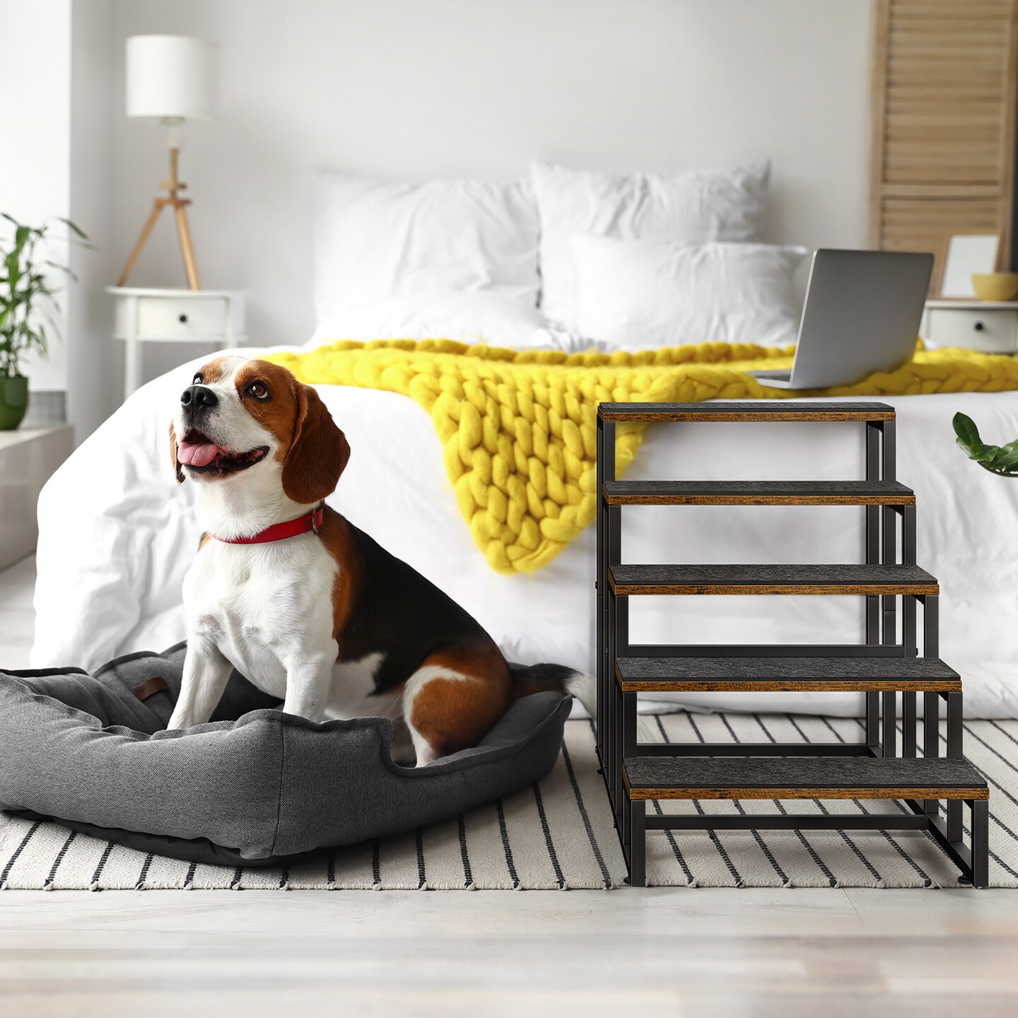 4-Step Dog & Cat Stairs with Non-Slip Base – Sturdy Wood/Metal Pet Ladder for Sofa, Bed & Balcony, Joint-Friendly Design (Brown)