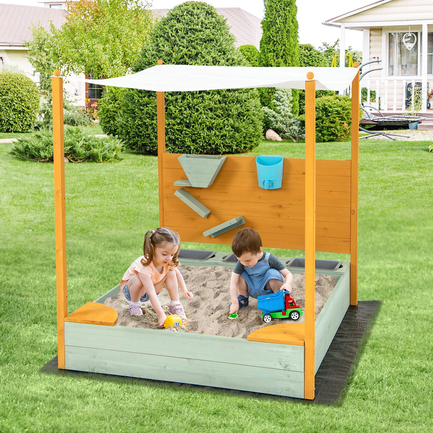 Wooden Sandbox with Sand Wall &#x26; Canopy for Kids 47x42