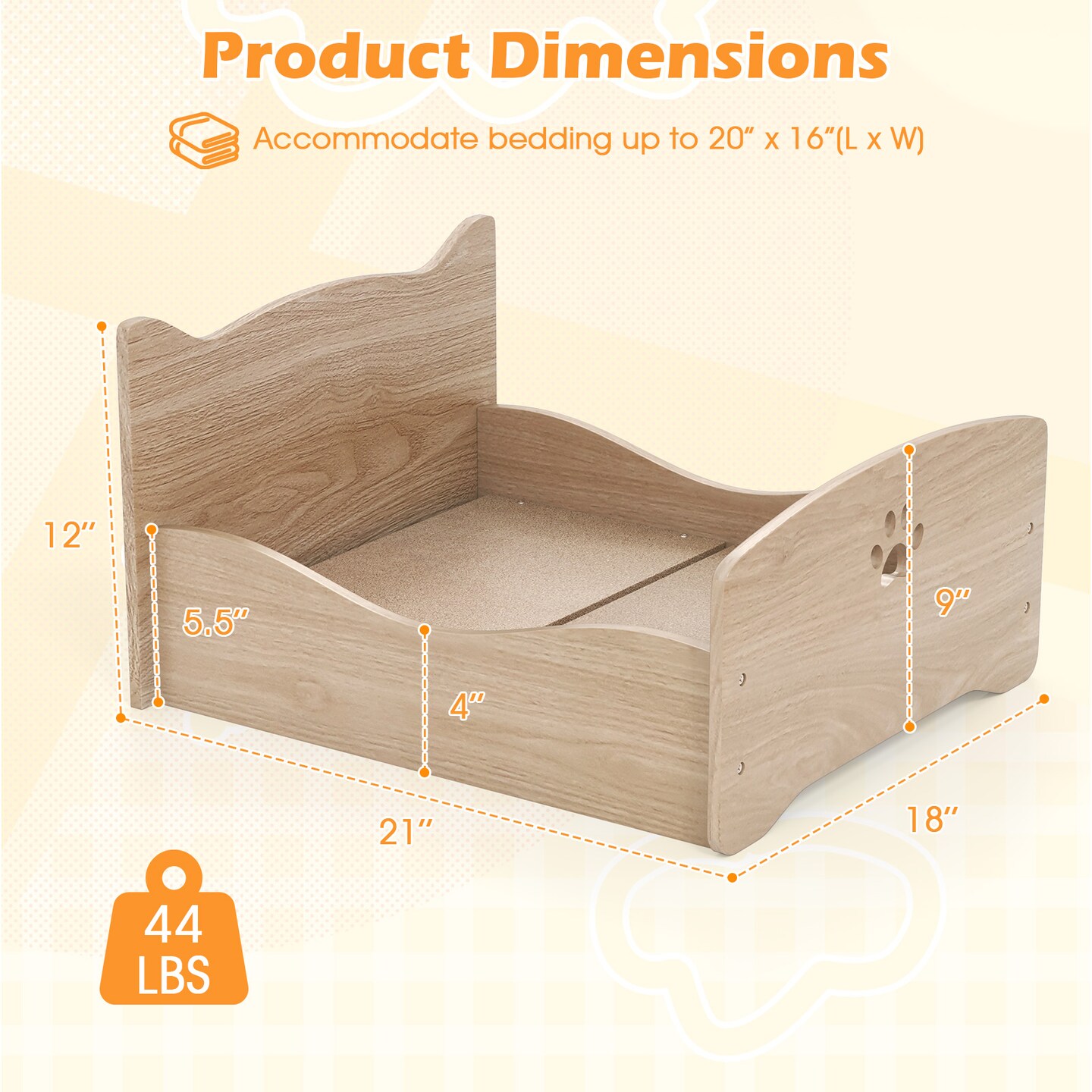Natural Elevated Pet Bed Frame with Rails and Cute Headboards Ideal for Indoor Small Pets