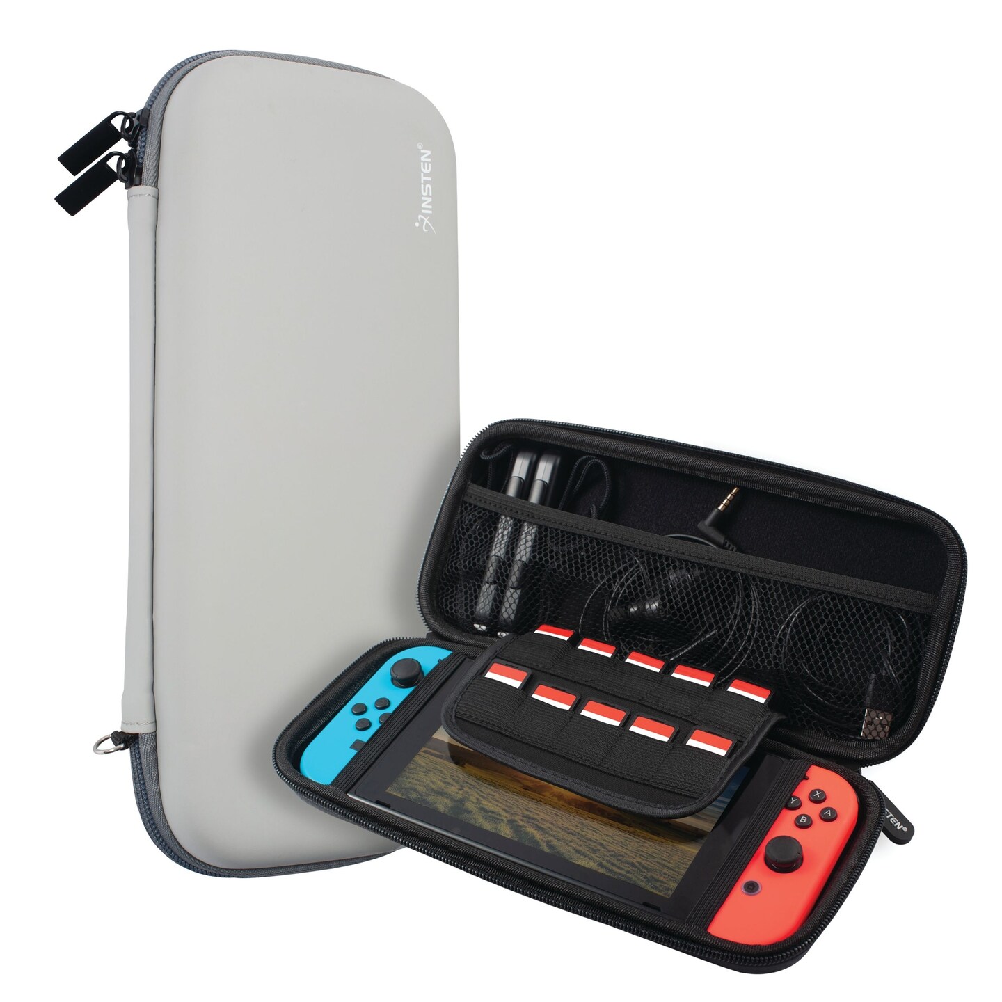 Insten Carrying Case For Nintendo Switch and OLED Model with 10 Game Card Slots and Accessories Pocket, Protective EVA Hard Travel Pouch for Girls Boys, Gray
