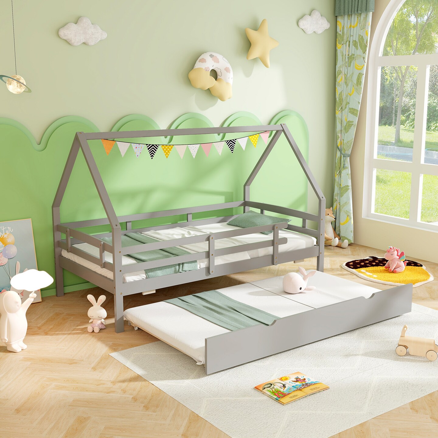 Twin House Bed with Trundle and Fence Rail for Kids Room