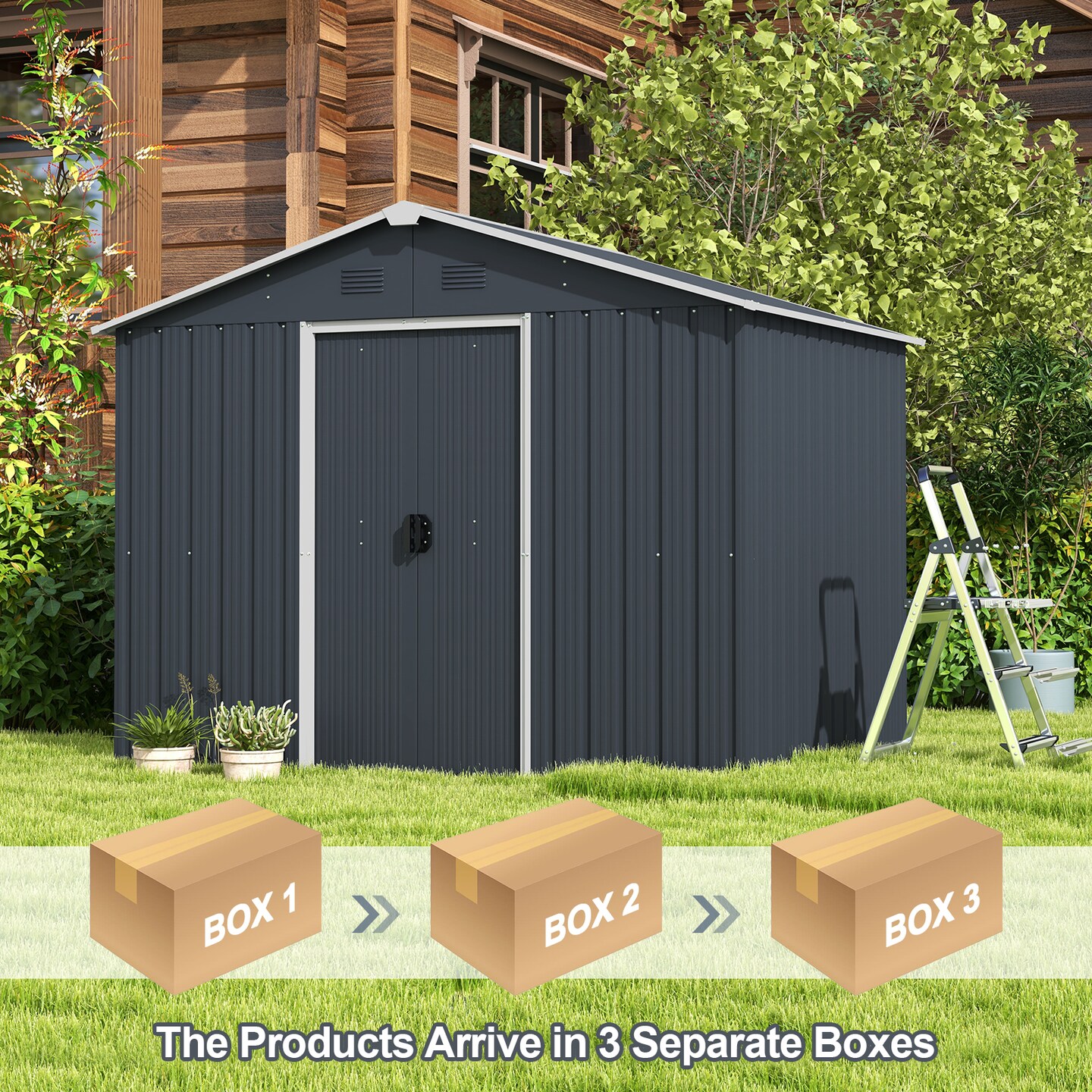 Grey Steel Outside Storage Shed with Lock Air Window and Two Sliding Doors
