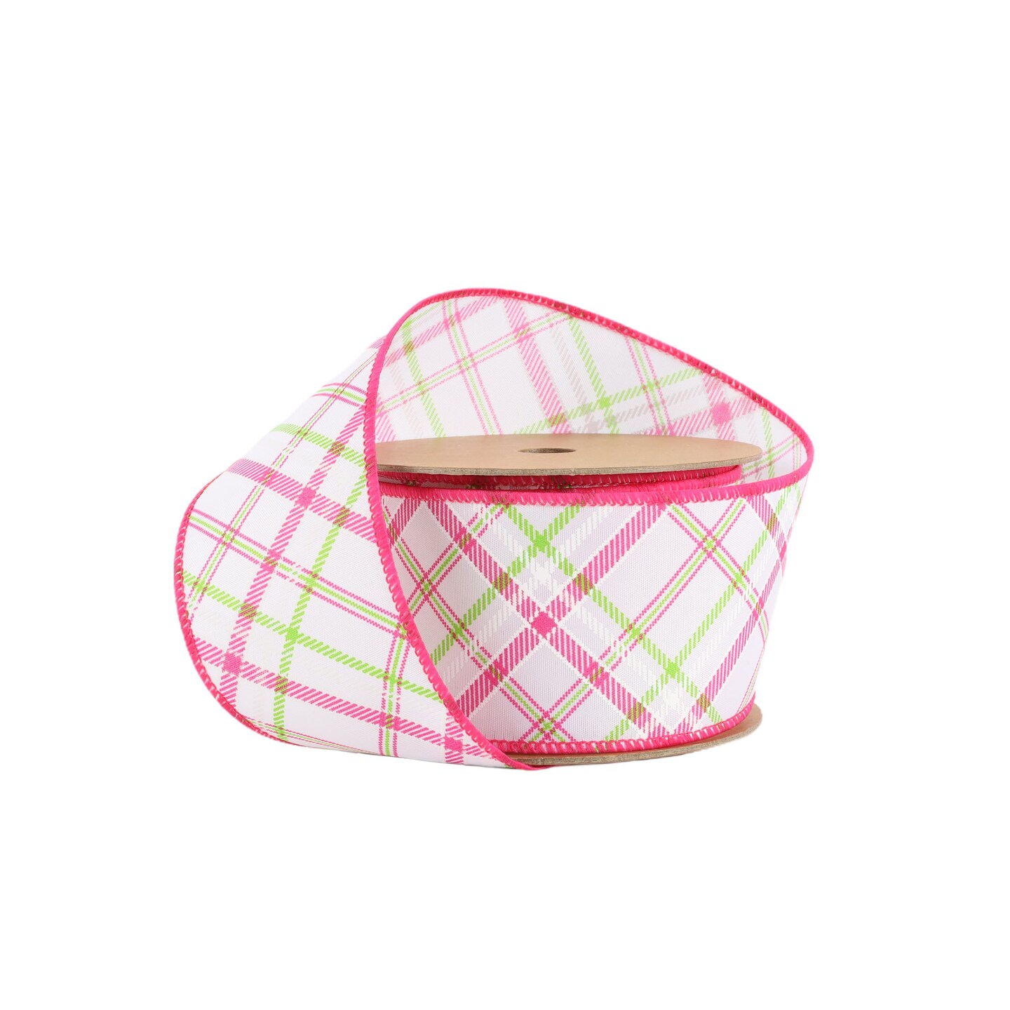 LaRibbons Wired Ribbon | White w/ Pastel Pink and Green Bias Plaid | 10 Yard Roll