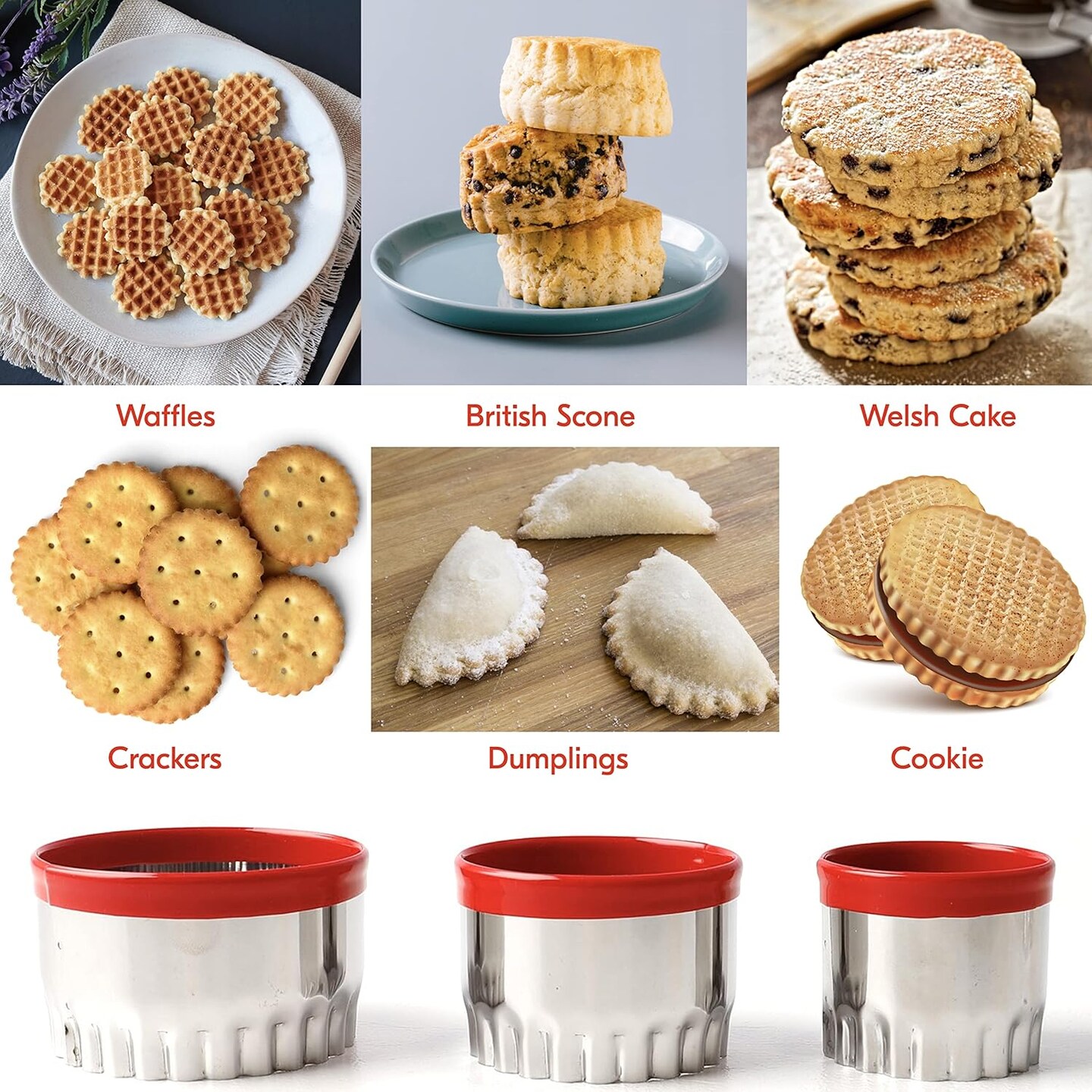 3Pcs Fluted Round Cookie Cutters 2&#x22; 2.6&#x22; 3&#x22;, Heavy Duty Food-Grade Stainless Steel, Biscuit Cutter, Mini Cookie Cutters, Cookie Cutters for Baking, Unique Design with Protective Red Top PVC