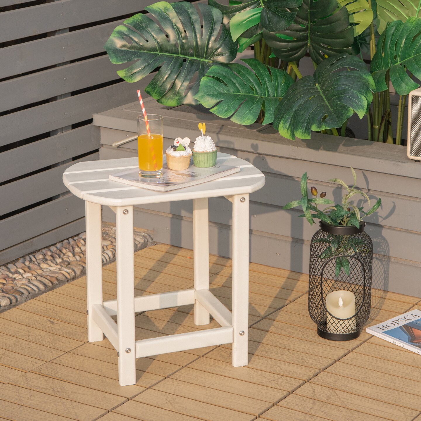 White HDPE Adirondack Outdoor Patio Side Table Set of 2 with Folding Design