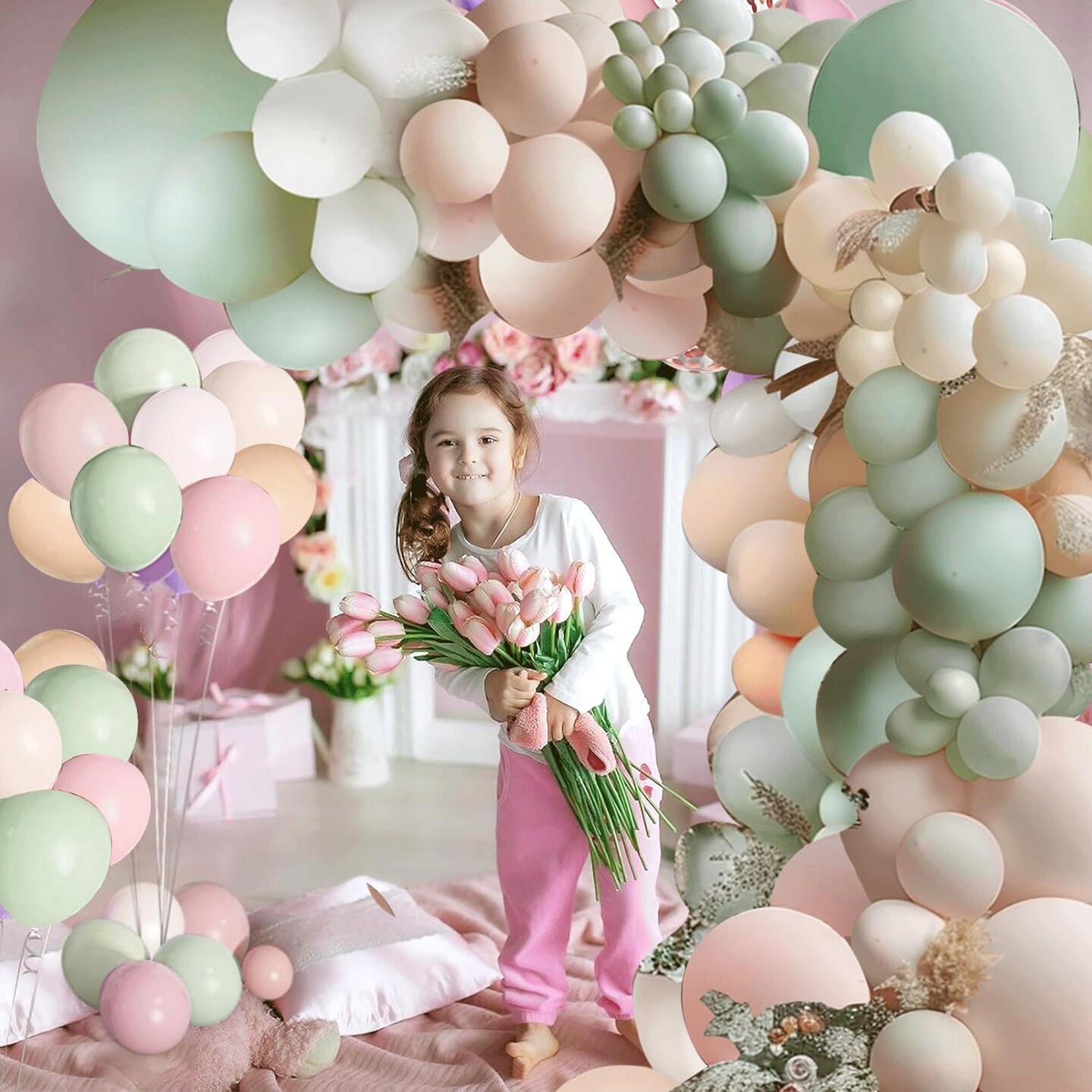Dusty Green Pink Balloon Garland Arch Kit,Green Blush Peach White Nude Balloons Spring Balloon Arch kit for Baby Shower Birthday Tea Party Fairy Party Gender Reveal Decorations