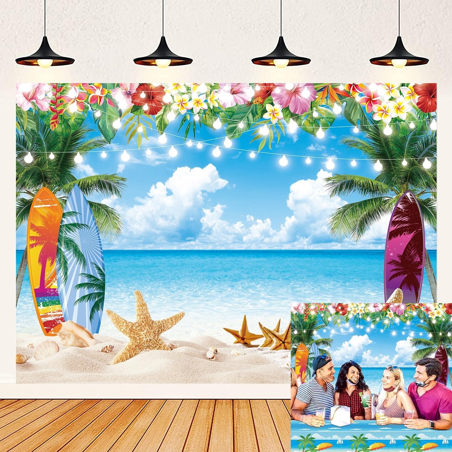 Summer Hawaiian Beach Backdrop Tropical Palm Flower Surfboard Starfish Glitter Beach Photography Background