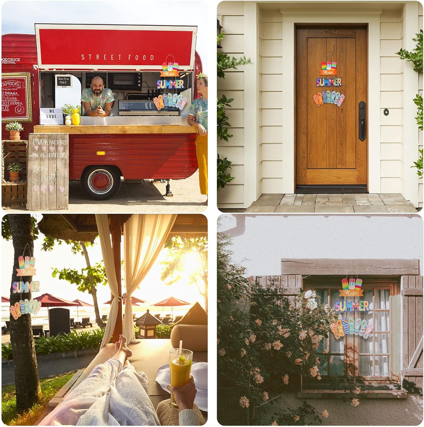 3Pcs Hello Summer Hanging Door Sign Decor Beach Welcome Sign Plaque Wooden Summer Home Decor Ice Cream Slippers Beach Hanging Decor With Ropes for Farmhouse Wall Beach Theme Indoor Outdoor Garden Yard