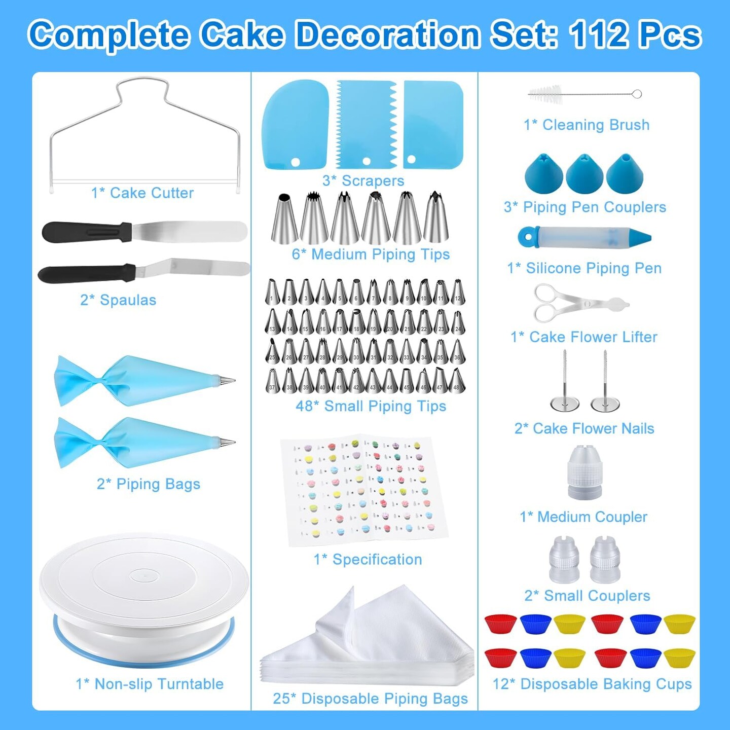 112Pcs Cake Decorating Supplies Kit, Included Cake Turntable, Cake Leveler, 54 Numbered Icing Piping Tips, 2 Spatulas, 3 Scraper, 30+2 Piping Bags, Mother&#x27;s Day Gift Ideas