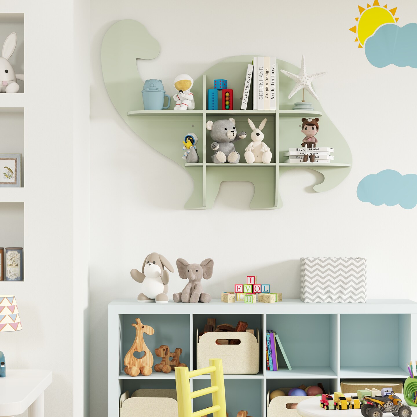 Green MDF Dinosaur Kids Bookshelf with Wall Mount, 2-Tier Storage and Safety Design