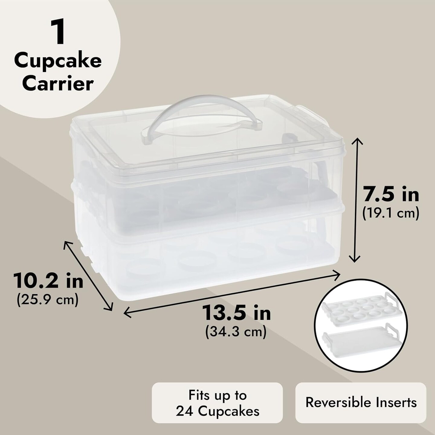 Tier Cupcake Carrier 24 Count - Cupcake Transport Container with Lid for Muffins (13.5" x 10.25" x 7.5") - Cake Travel - Pie Carrier - Container Lid -