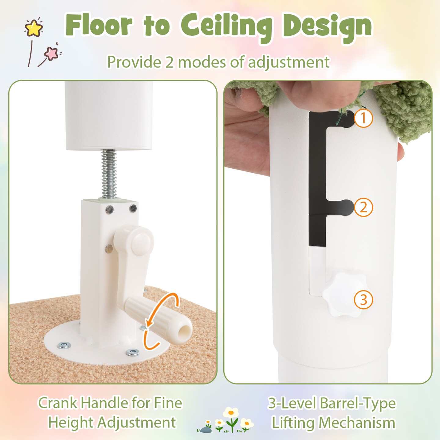 Adjustable Height Floor to Ceiling Cat Tree with 2 Full-Wrapped Sisal Scratching Posts and 3 Step Ladder