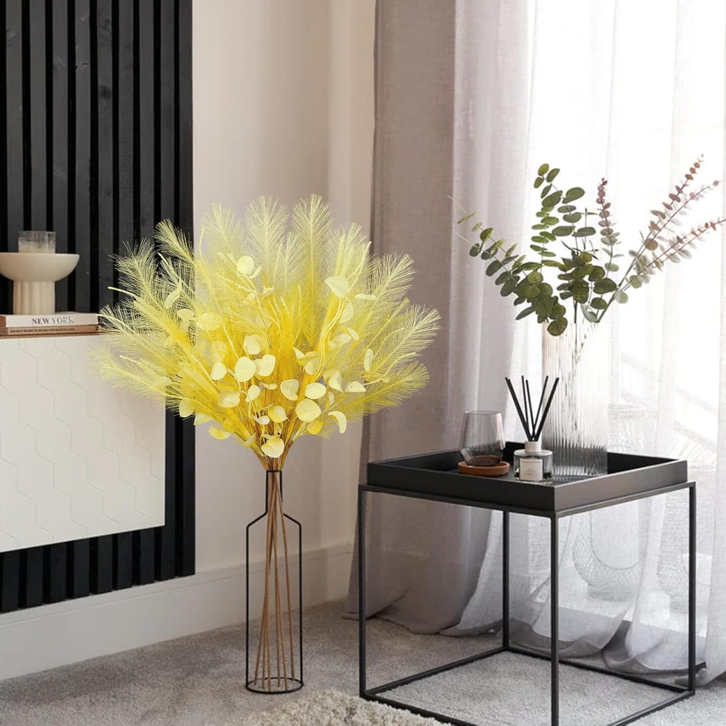 28" Faux Pampas Grass Plume Yellow Faux Fluffy Pampas Grass Bulk Silk Flowers with Eucalyptus Stems Filler for Floral Arrangment