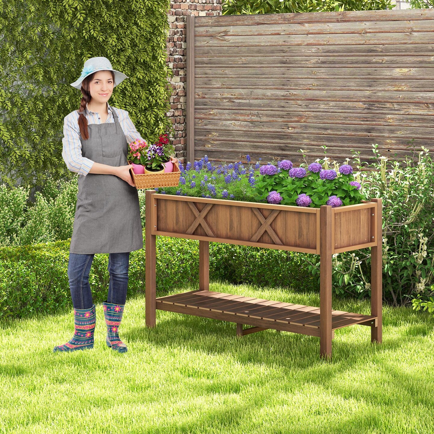 HIPS Raised Planter Box with Bottom Shelf and Drainage System