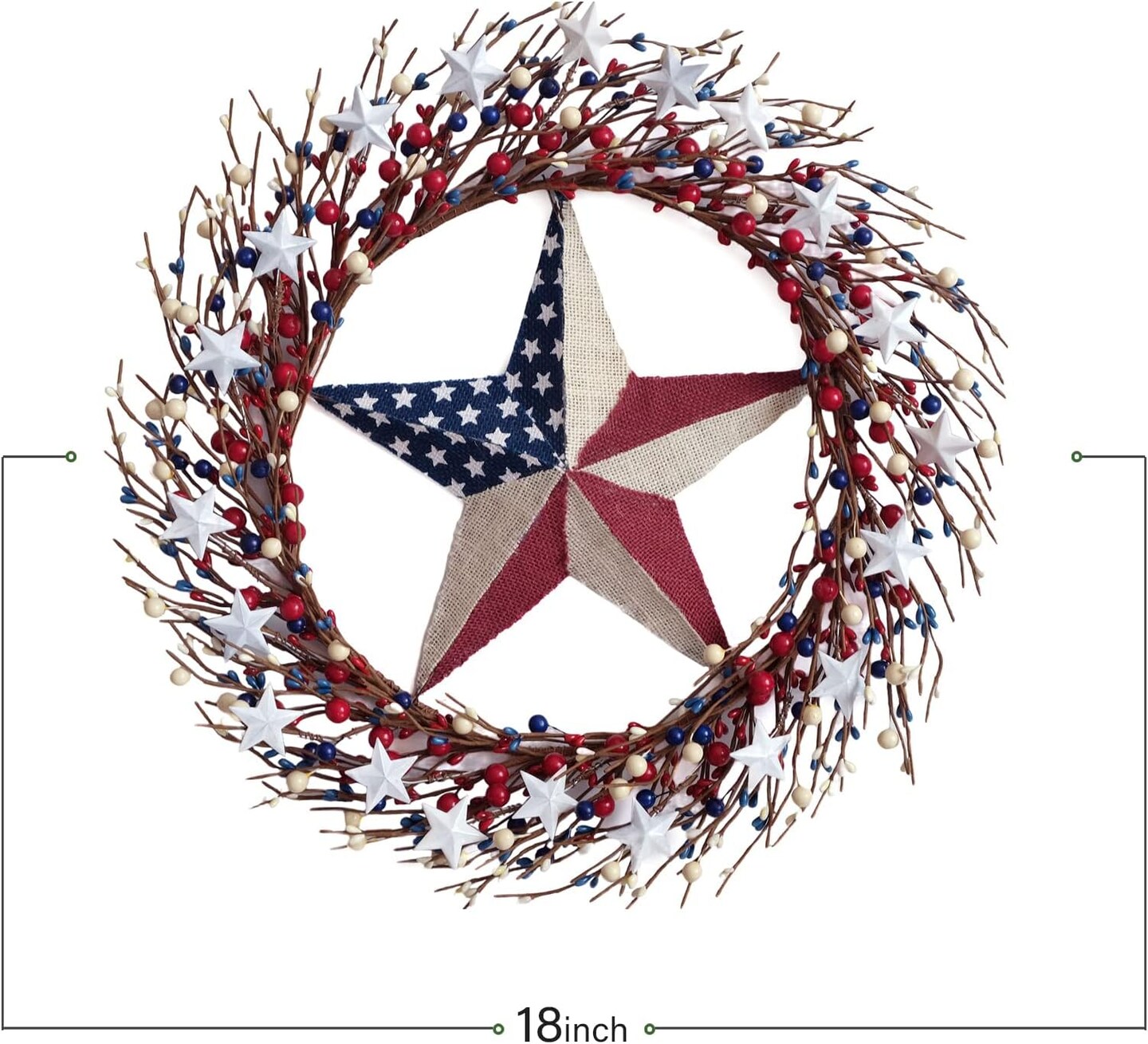 18" Patriotic Wreath with Burlap Flag Star Artificial 4th of July for Wall Decor