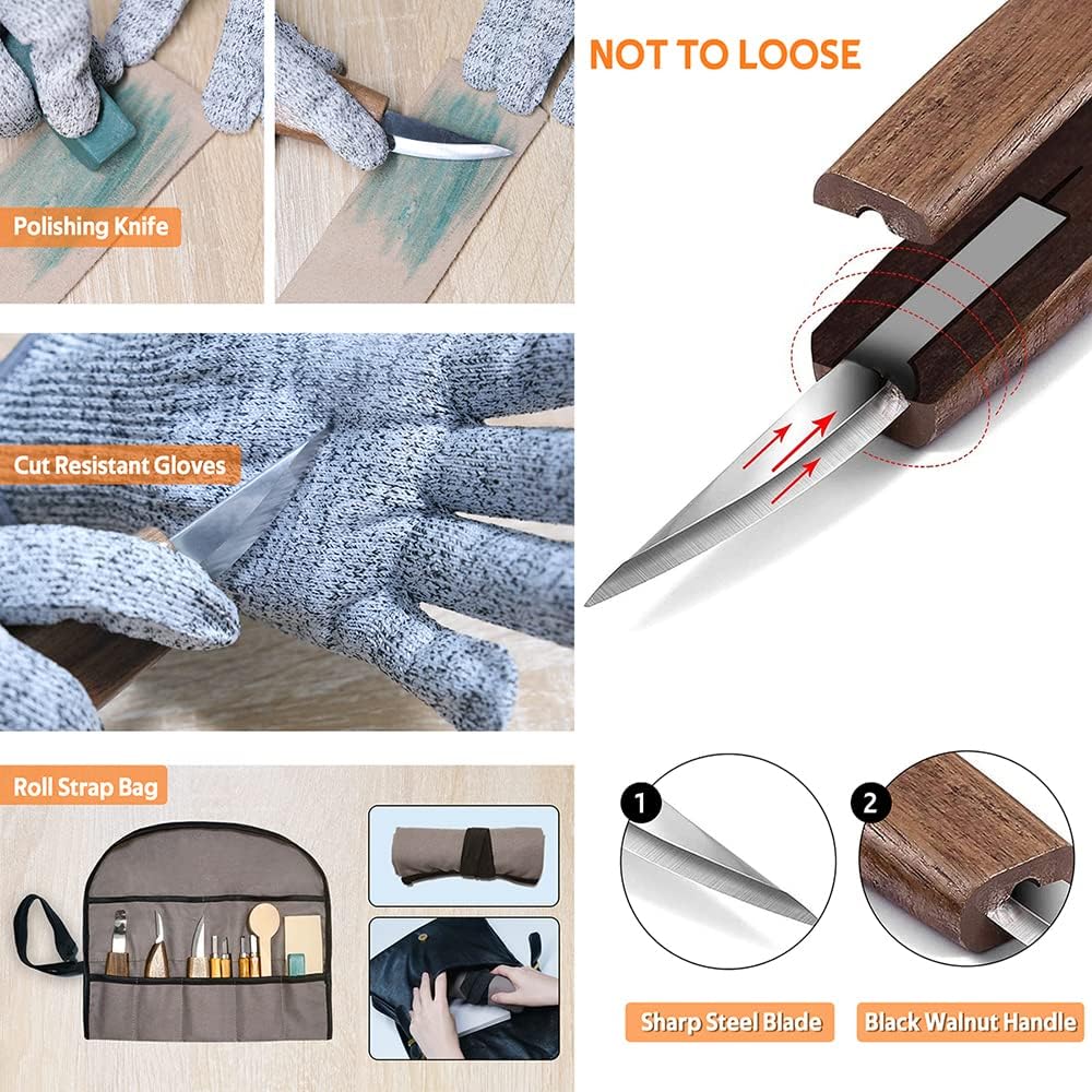 Wood Carving Set Whittling Knives 12PCS Kids Christmas Gift Walnut Hand Carving Tools Set Kit for Adults Woodworking DIY