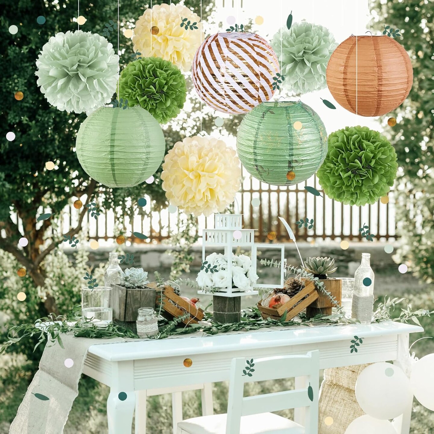 Sage Green Birthday Party Decorations Green Baby Shower Decor Olive Retro Beige Paper Lanterns Pom Poms Wedding Bridal Shower Hanging Paper Fans Birthday Ceiling Decorations for Classroom