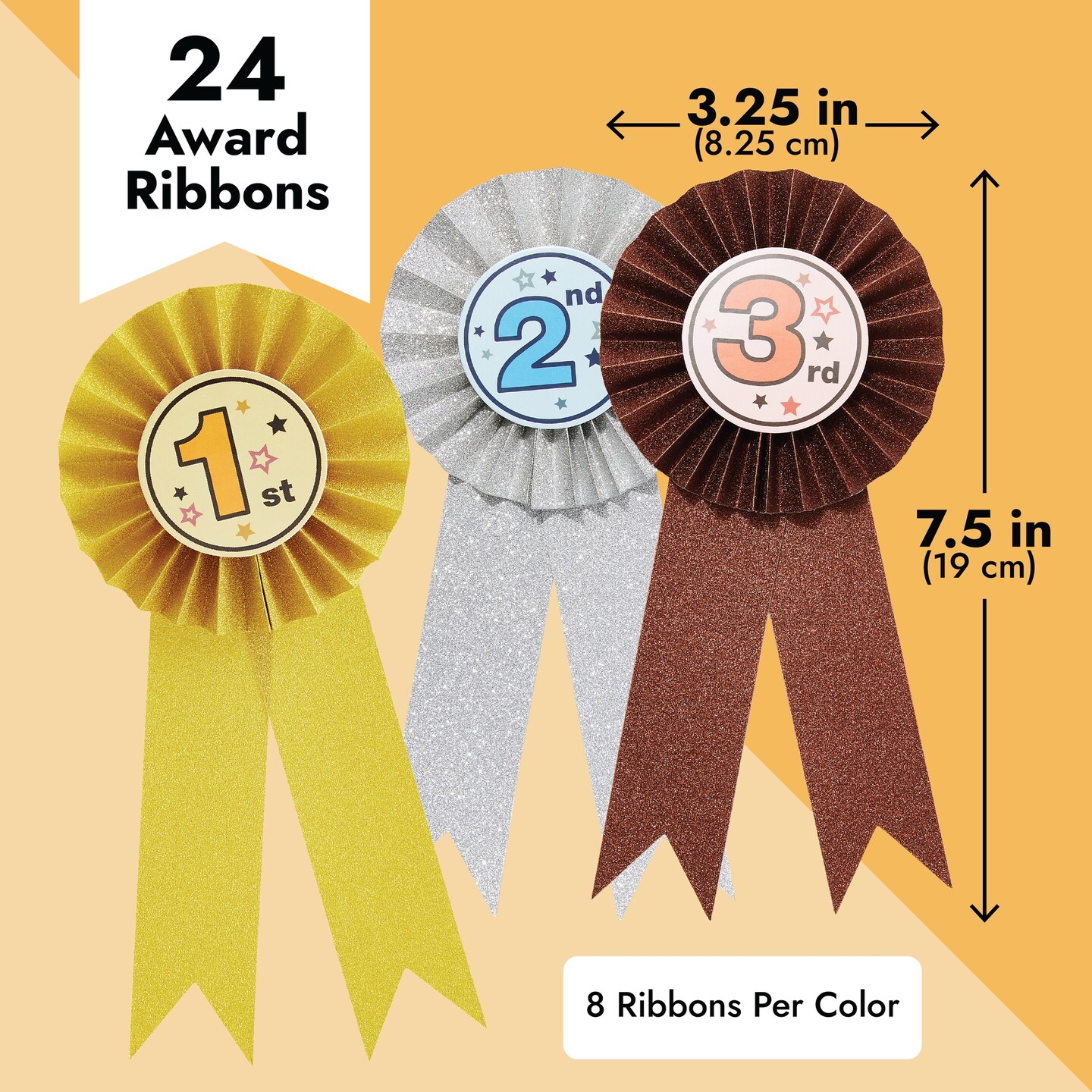 24-Pack Award Ribbons, 1st, 2nd, and 3rd Place Recognition Awards, Rosette Victory Ribbons for Sports Event, Spelling Bees, School Science Fairs, Talent Shows Contest (Gold, Silver, Bronze)