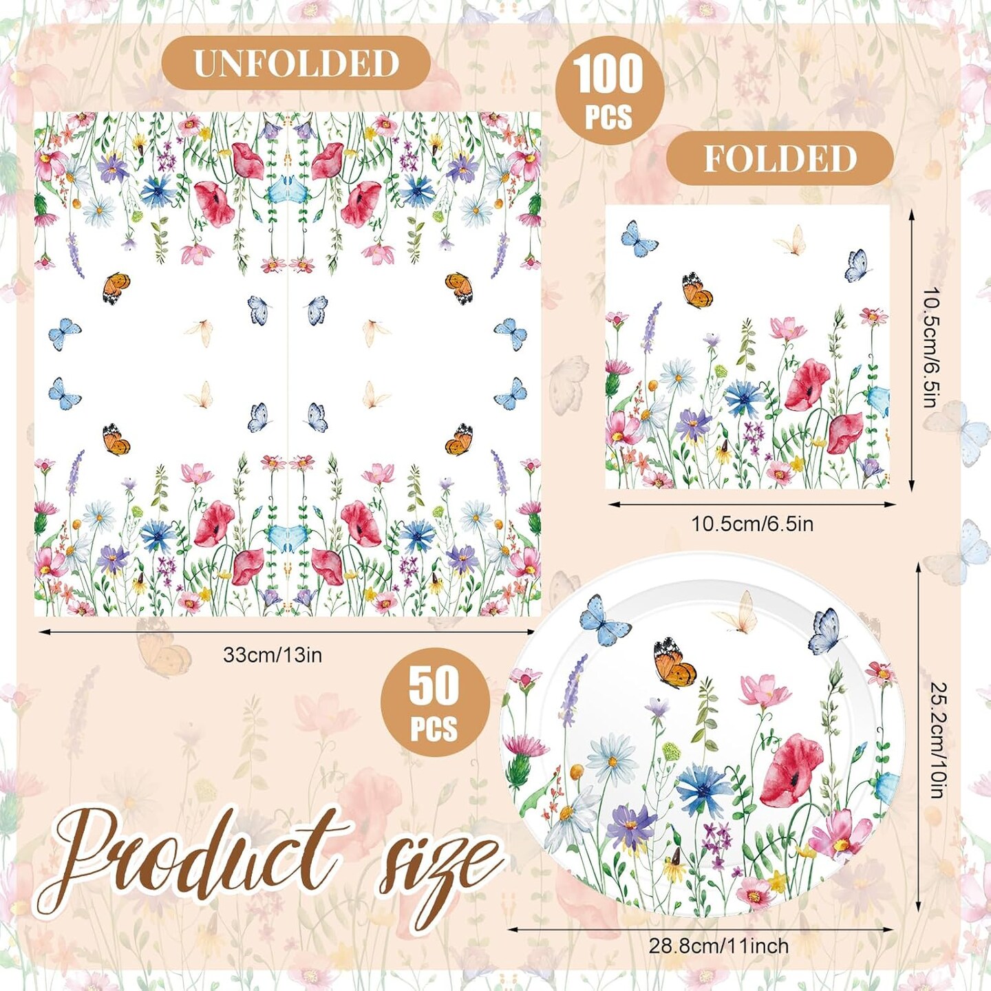 150 Pcs Floral Party Supplies, 50 Pcs Floral Paper Plates 11 Inch and 100 Pcs Wildflower Paper Napkins 13 Inch Butterfly Disposable Plates for Summer Tea Party
