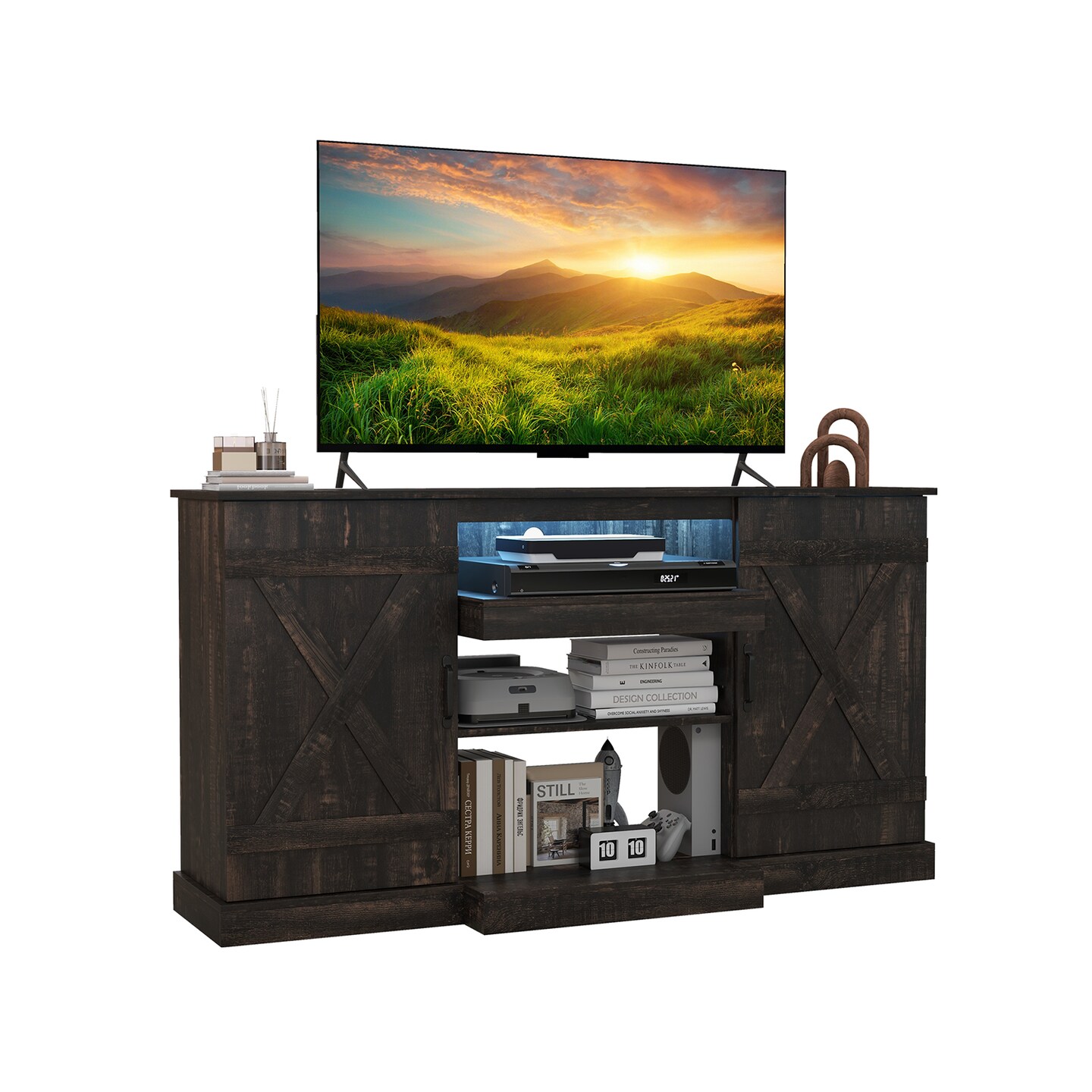 Dark Rustic Oak TV Cabinet with LED Lights, Storage, Adjustable Shelves