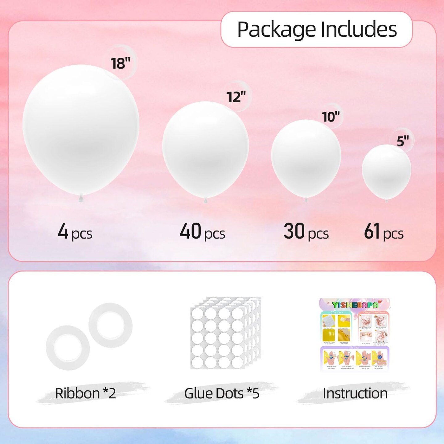 135pcs White Balloons Different Sizes 18&#x22; 12&#x22; 10&#x22; 5&#x22; White Latex Balloon Garland Arch Kit for Boys Girls Birthday Baby Shower Wedding Anniversary Graduation Party Decorations (03-White)
