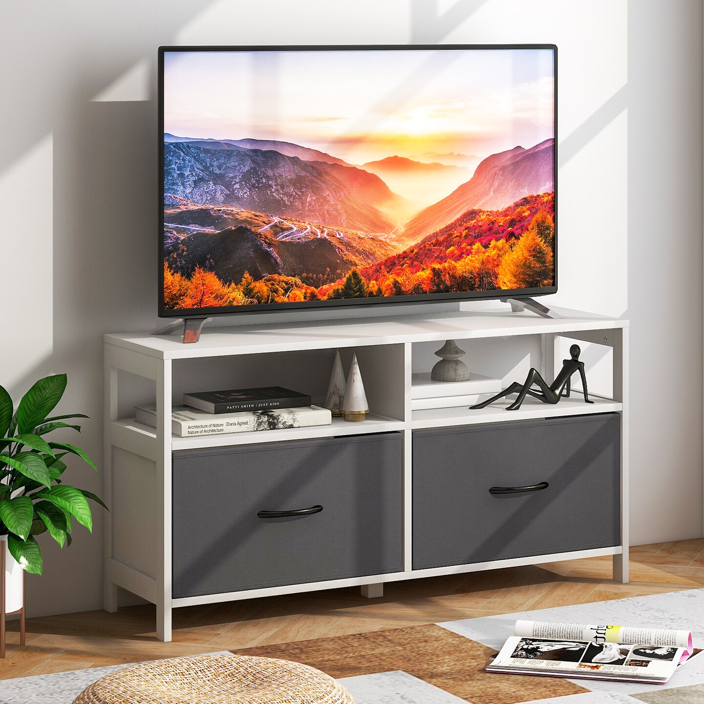 Gray White MDF 2 Drawer Dresser with Open Shelves and TV Stand Use
