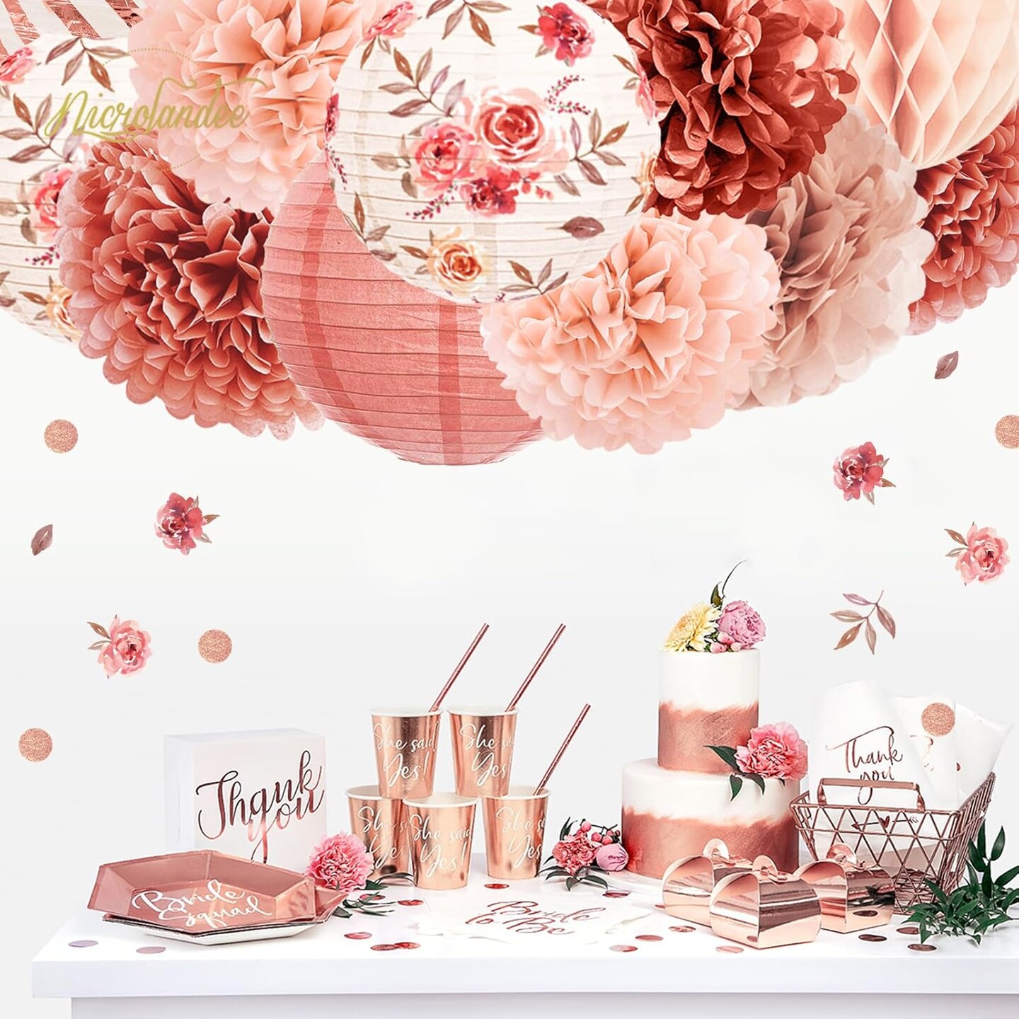 Wedding Decorations, 12PCS Rose Gold Paper Lanterns Tissue Pom Poms Confetti Decor for Bridal Shower Bachelorette Valentines Party, Rose Gold Pink Girl Birthday Party Decoration