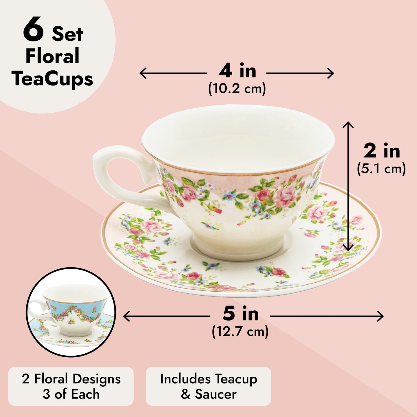 Set of 6 Vintage Floral Tea Cups and Saucers for Tea Party Supplies, Perfect for Bridal Showers, Garden Parties, Brunch Gatherings, Afternoon Teas &#x26; Receptions (Blue, Pink, 8oz)