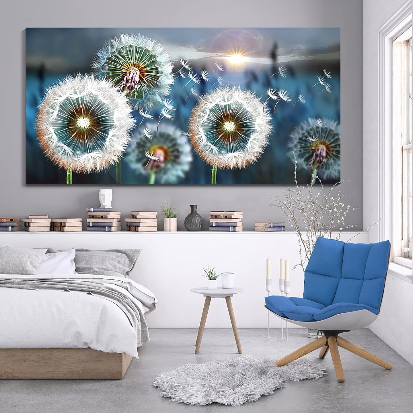 Dandelion Canvas Wall Art – 29"x58", White & Blue, Modern Home Decor