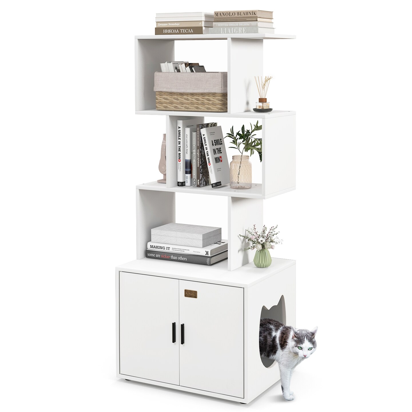 MDF Metal Cat Cabinet with Shelves and Litter Box Enclosure