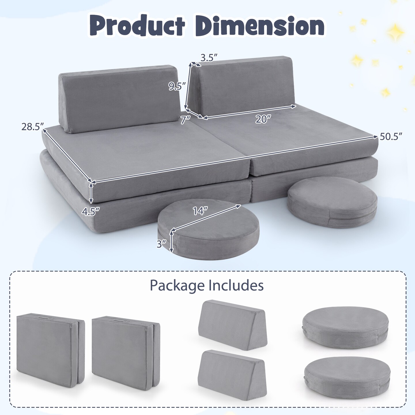 Grey 6 Pieces Modular Kids Play Couch Set with Velvet Covers Perfect Gift for Creative Kids