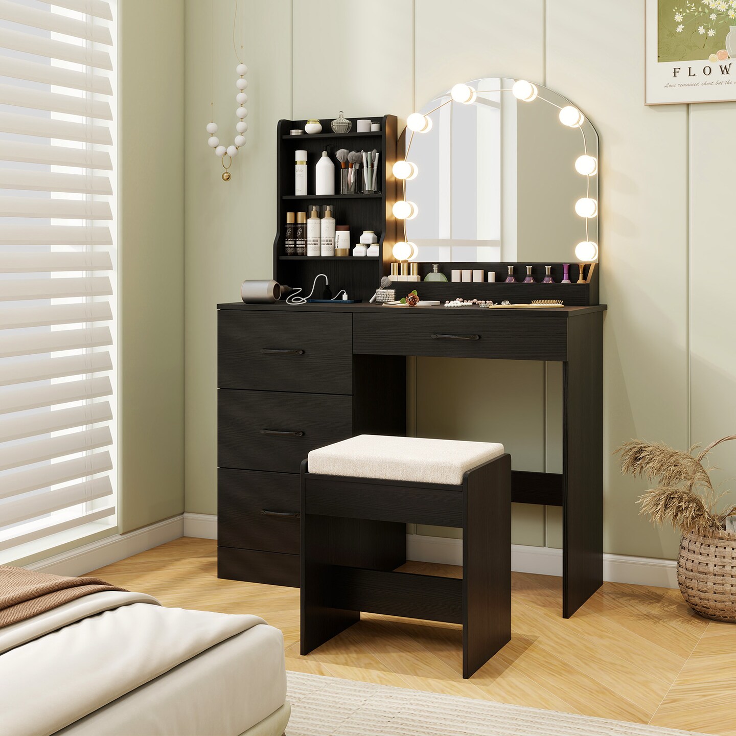 MDF Vanity Table with LED Mirror, Charging Station and Large Storage