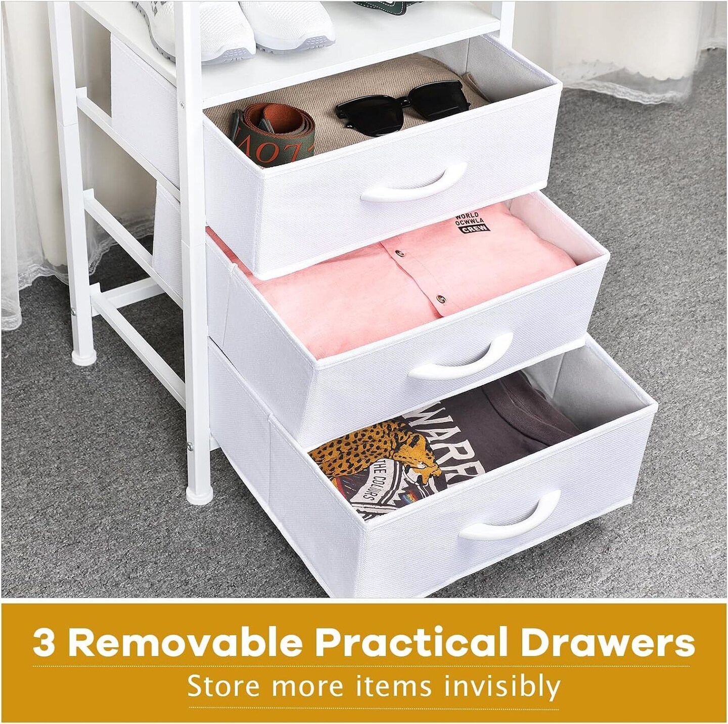 White Heavy Duty Garment Rack with 3 Drawers | Space-Saving Clothing Organizer for Small Spaces | Modern Industrial Wardrobe with X-Brace Stability