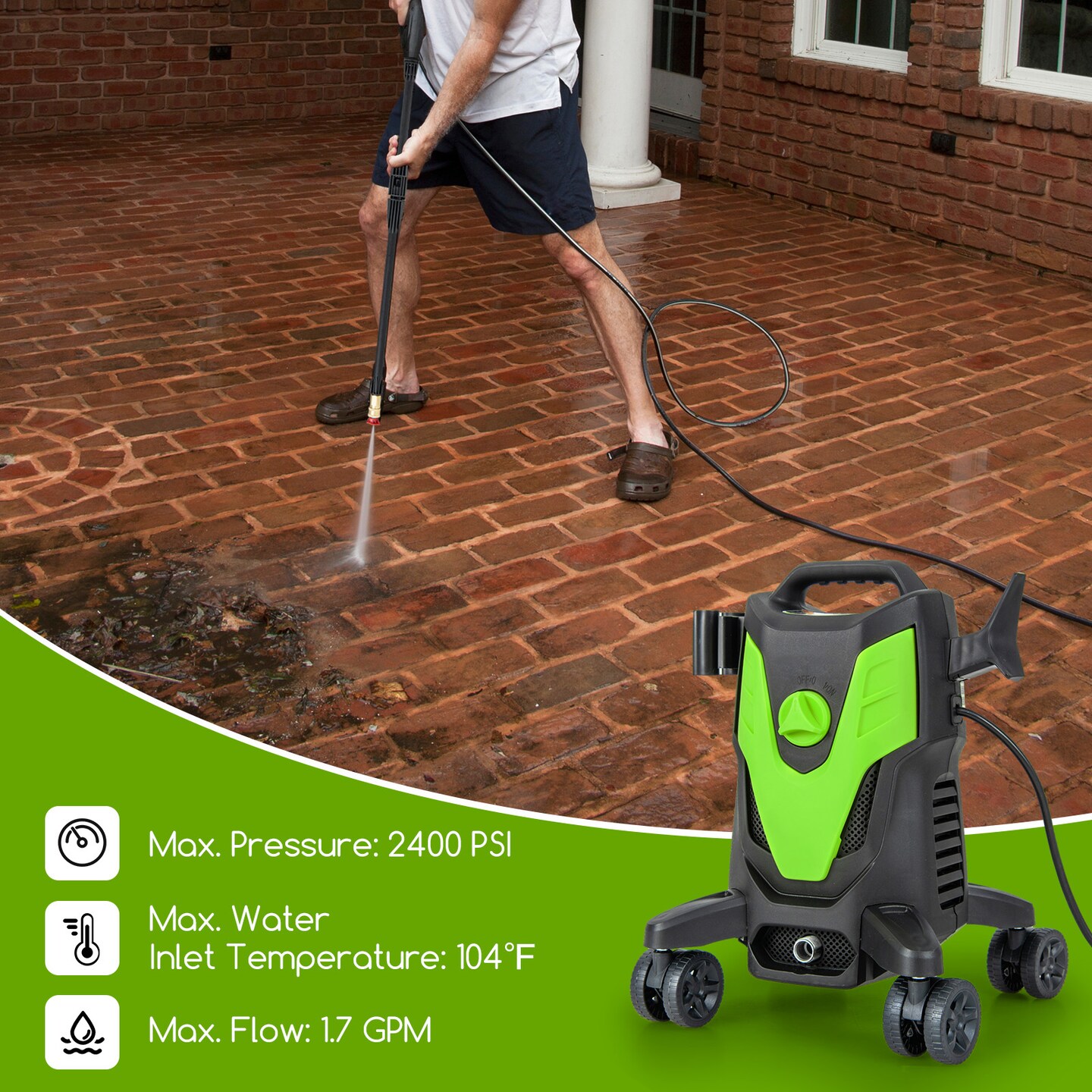 2400 PSI Electric Pressure Washer with 4 Universal Wheels Ideal for Clean to All Type of Surface