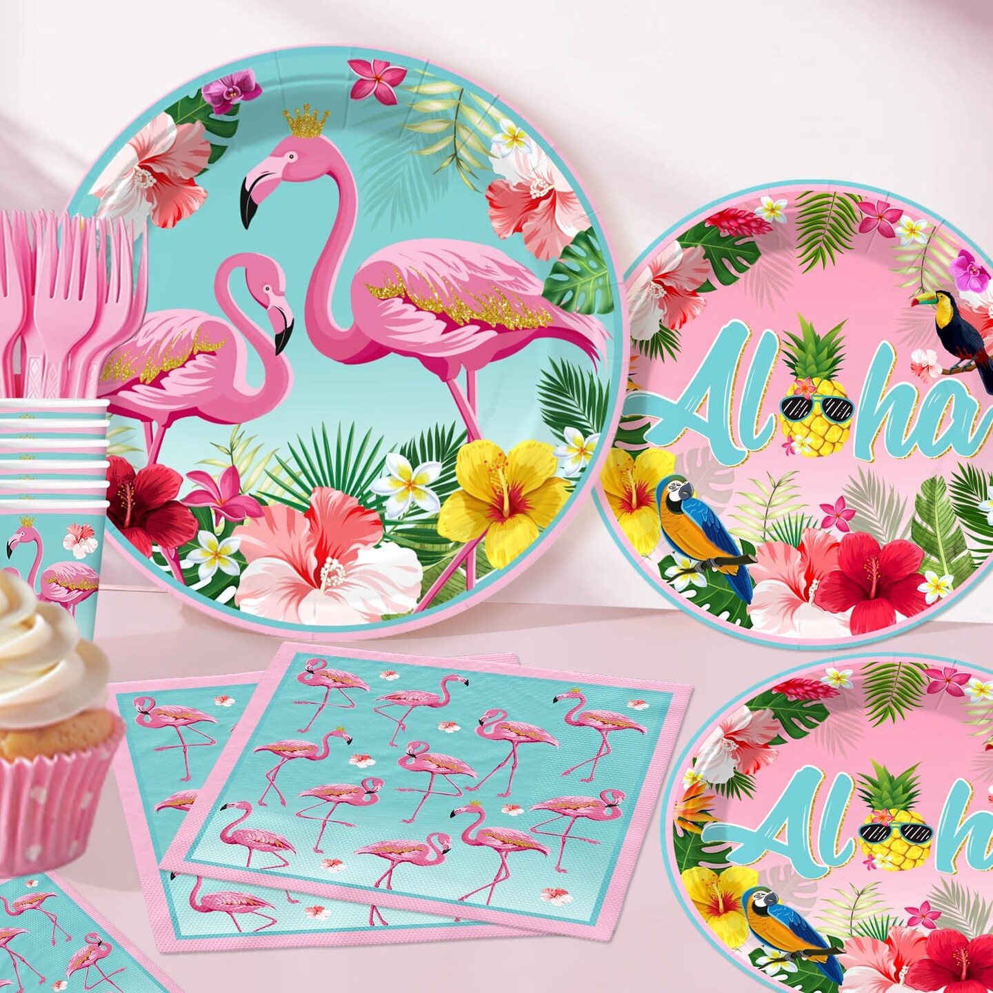 179pcs Flamingo Summer Decorations, Complete Paper Tableware Set Includes Paper Plates 2 Tablecloths Cupcake Toppers, Suitable for Flamingo Summer Tropical and Aloha Theme Parties
