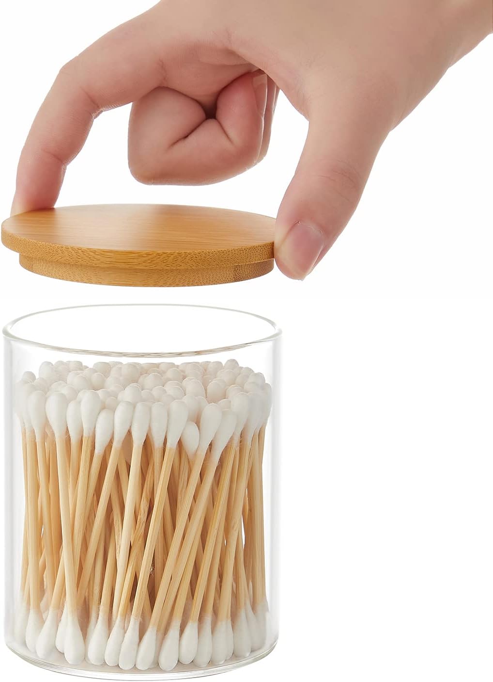 6 Pack Glass Qtip Holder, Apothecary Jars with Lids Bamboo, Bathroom Organizers and Storage for Cotton Ball Round Swab Pad Floss Picks, Bathroom Decor for Vanity Accessories
