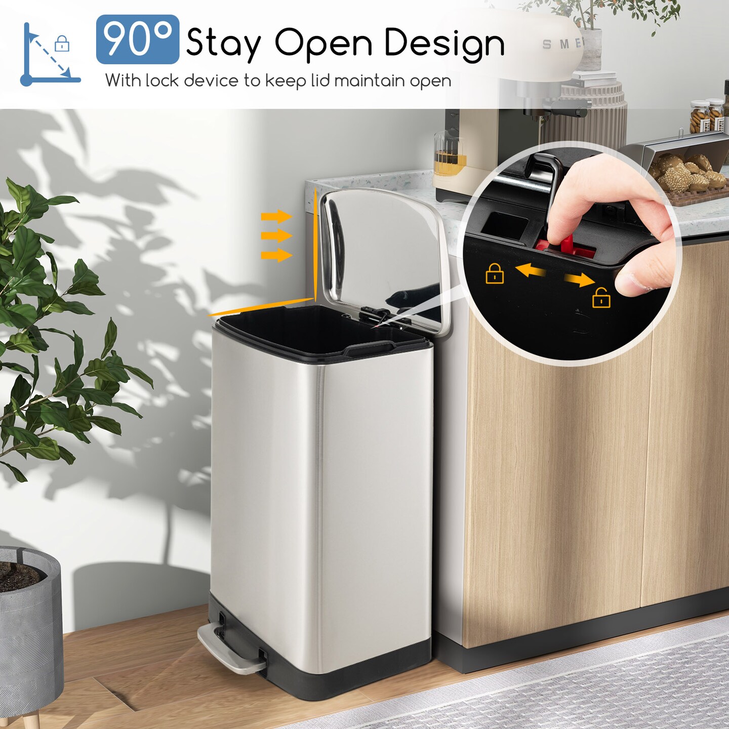 Silver Stainless Steel Soft-Close Trash Can with Pedal &#x26; Lid Lock