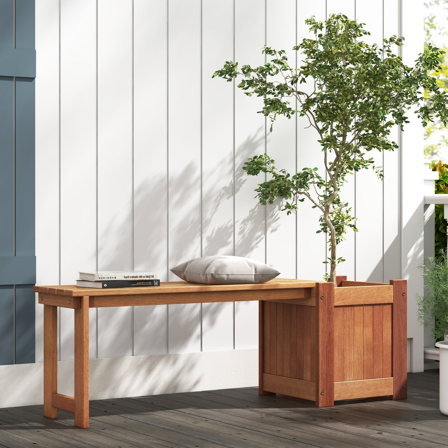Natural Wood Garden Bench with Built-In Planter Box and Weather-Resistant Outdoor Seating