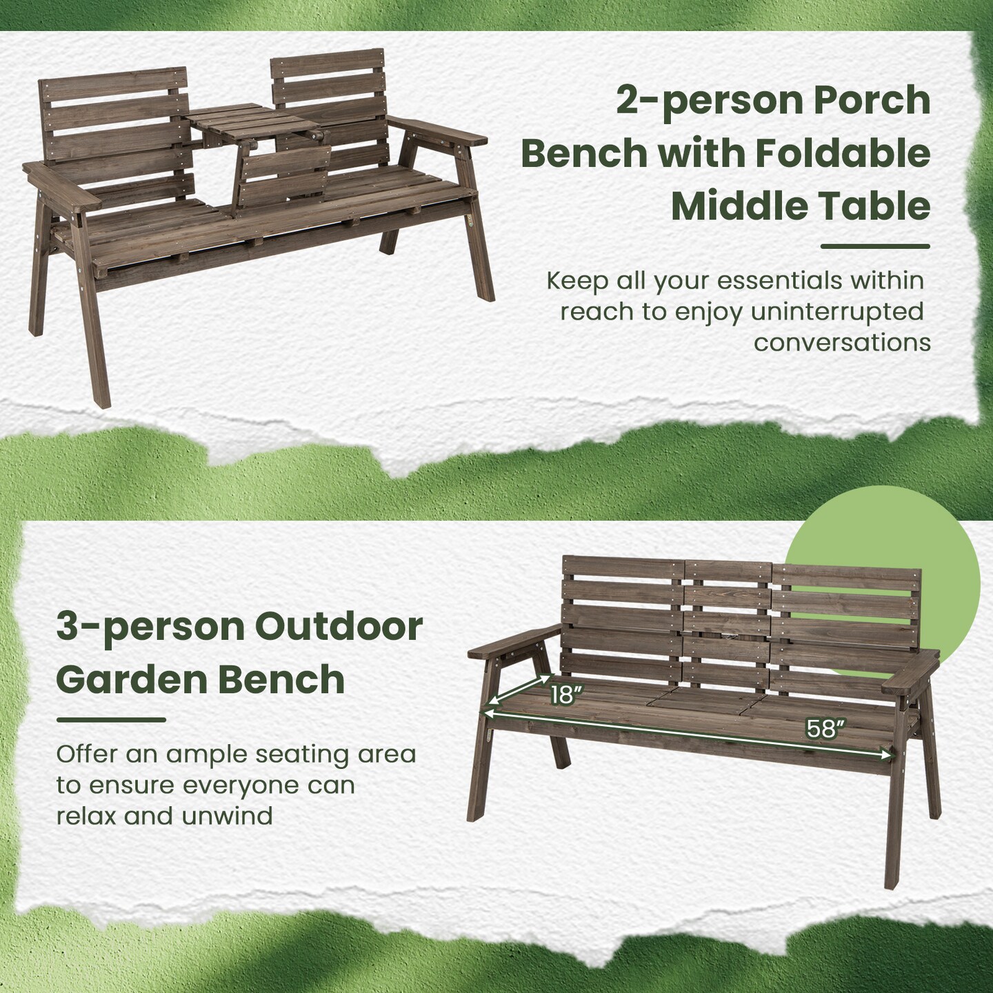 Coffee Wooden Outdoor Bench with Foldable Middle Table Ideal for 2-3 People