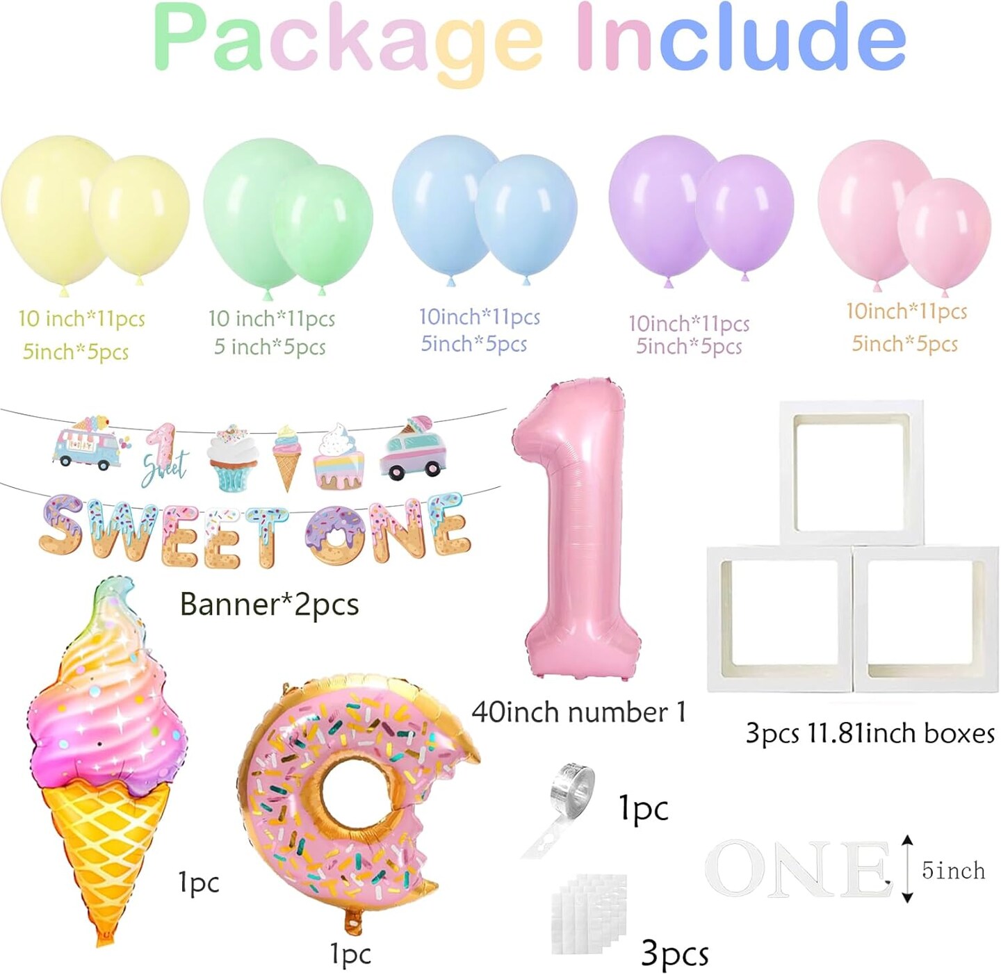 Sweet One Birthday Party Decorations, First Birthday Decorations For Girl With Pastel Balloons, 40inch Pink 1 Balloon, Sweet One Banner,O-N-E Box And Ice Cream Donuts Balloons for Party