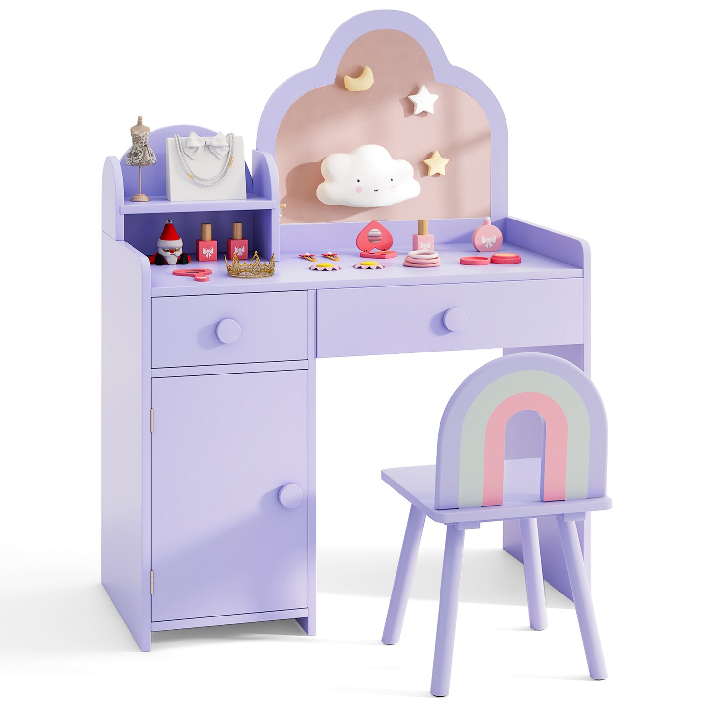 Kids Vanity Set, Cloud Shape Mirror, Storage and Pine Wood Stool