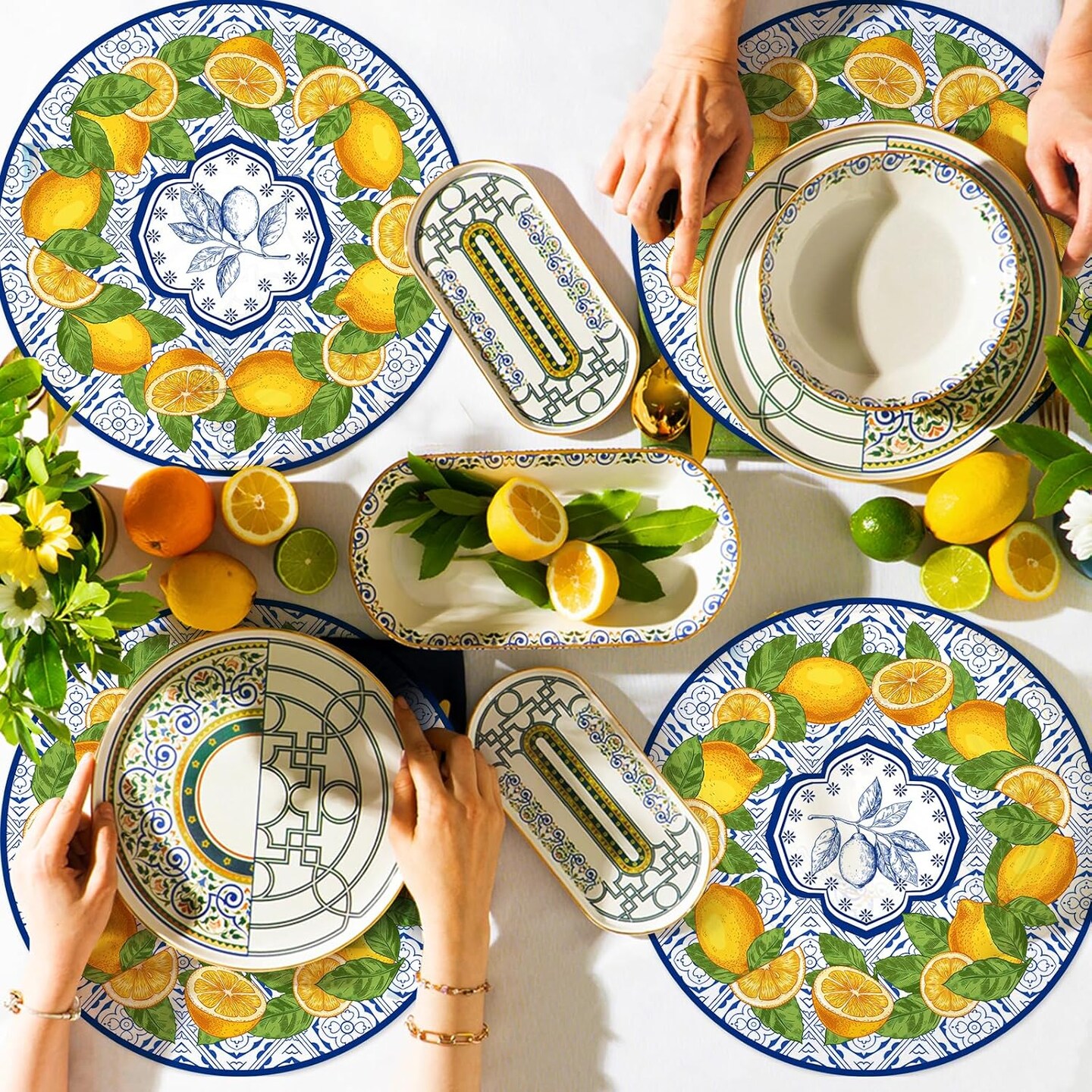 50 Pack Lemon Paper Placemats Disposable 50 Pack 13.7 Inch Cyan Blue Tiles Lemon Fruit Round Place Mats Summer Table Mats for Kitchen Dining Party Decoration