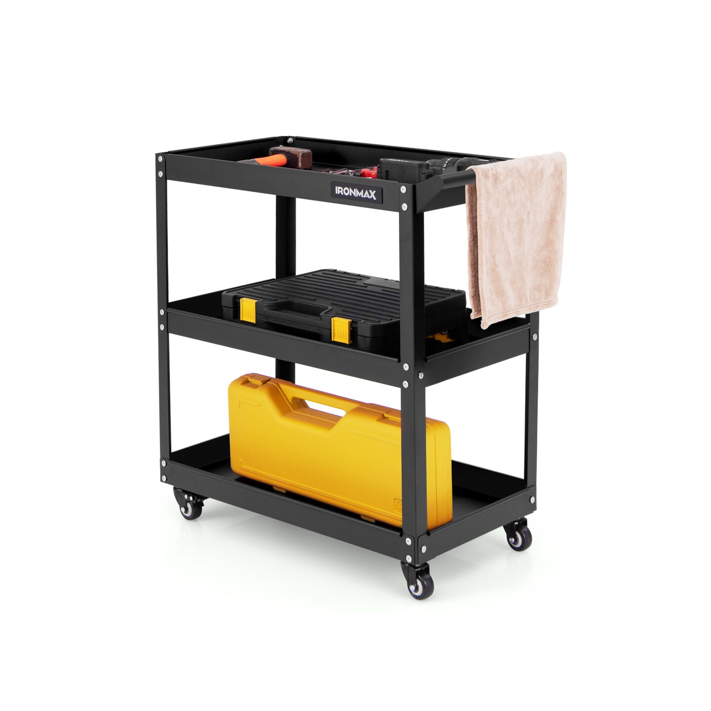 3-Tier Rolling Utility Tool Cart with 3 Large Shelves and 4 Universal Wheels Perfect for Kitchen or Garage