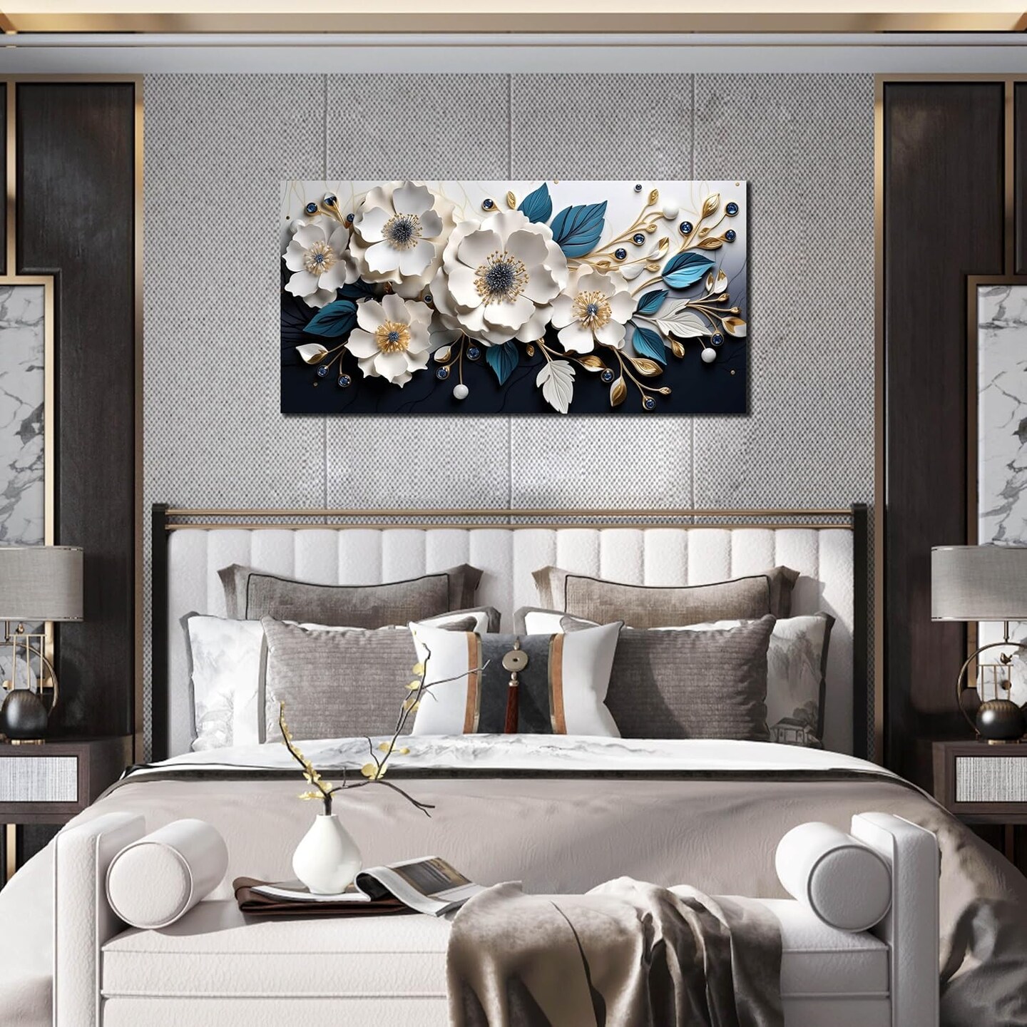 Large Canvas Wall Art for Living Room Bedroom Home Office White and Blue Floral Wall Art Botanical Picture Modern Framed Artwork Flower Canvas Prints 20x40 In