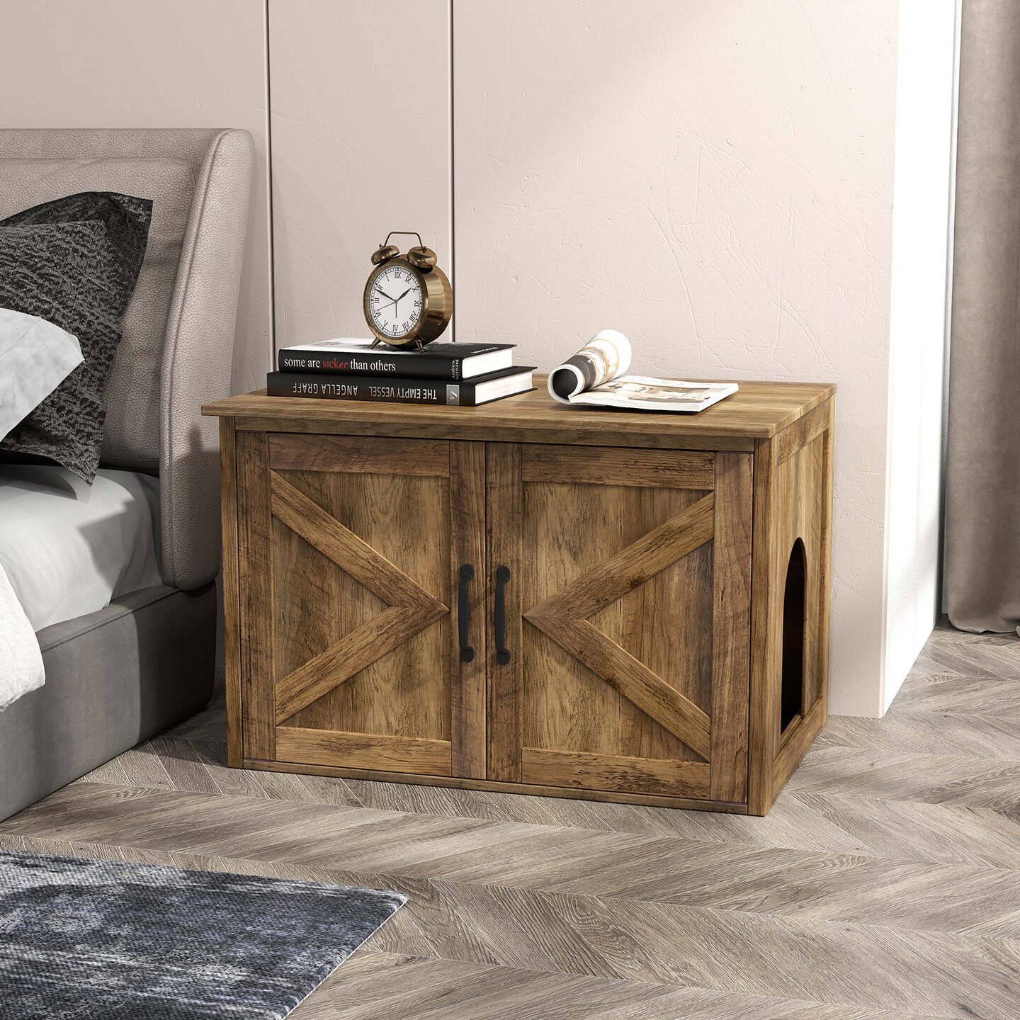 Oak Wooden Flip Top Hidden Cat Washroom Furniture with Removable Divider and Flip Top Opening