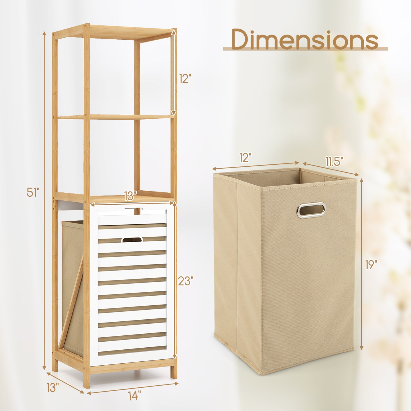 Natural 2-In-1 Storage Organizer with Tilt-Out Laundry Hamper and 3 Open Shelves
