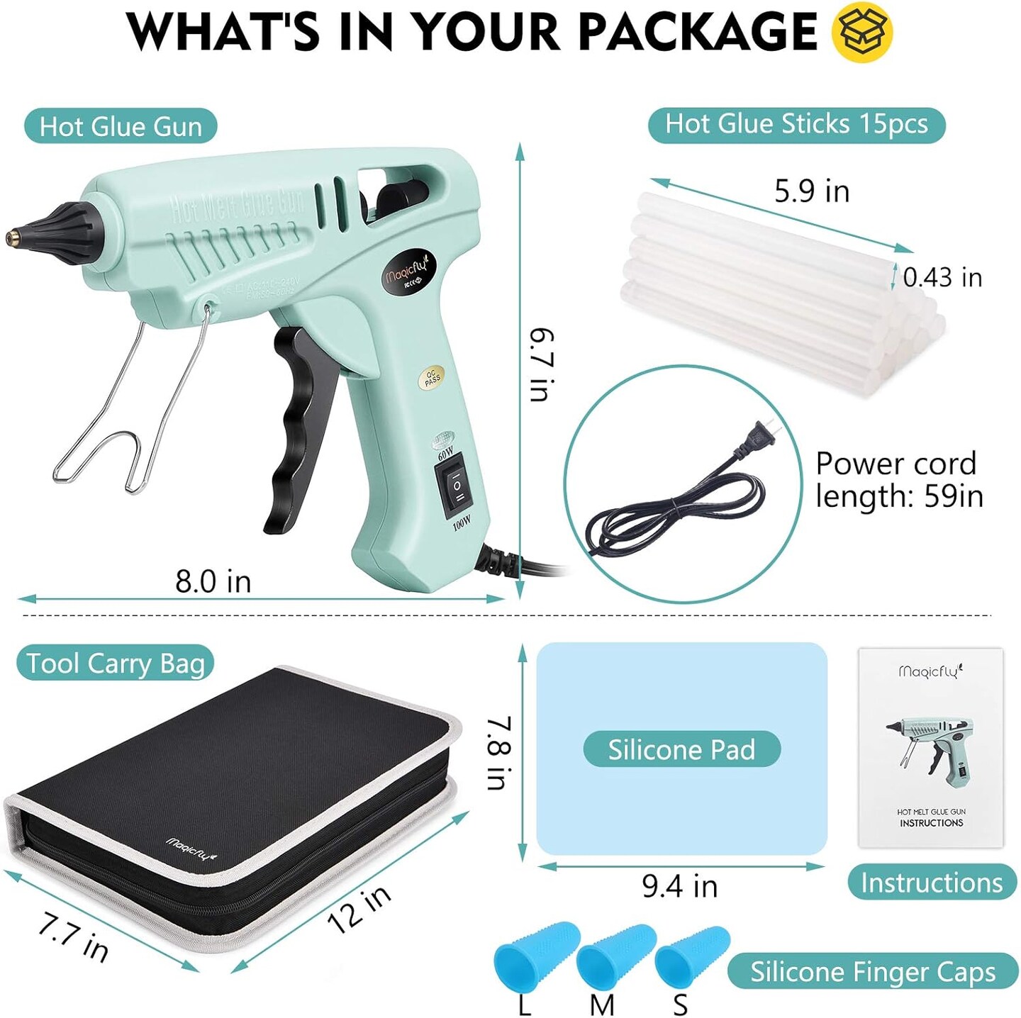60/100W Hot Glue Gun Full Size with 15 Pcs Hot Glue Sticks (0.43 X 5.9 inch) and Carry Case, Dual Power High Temp Melt Glue Gun Kit with Finger Caps, Mat for Arts Craft, Household, Green