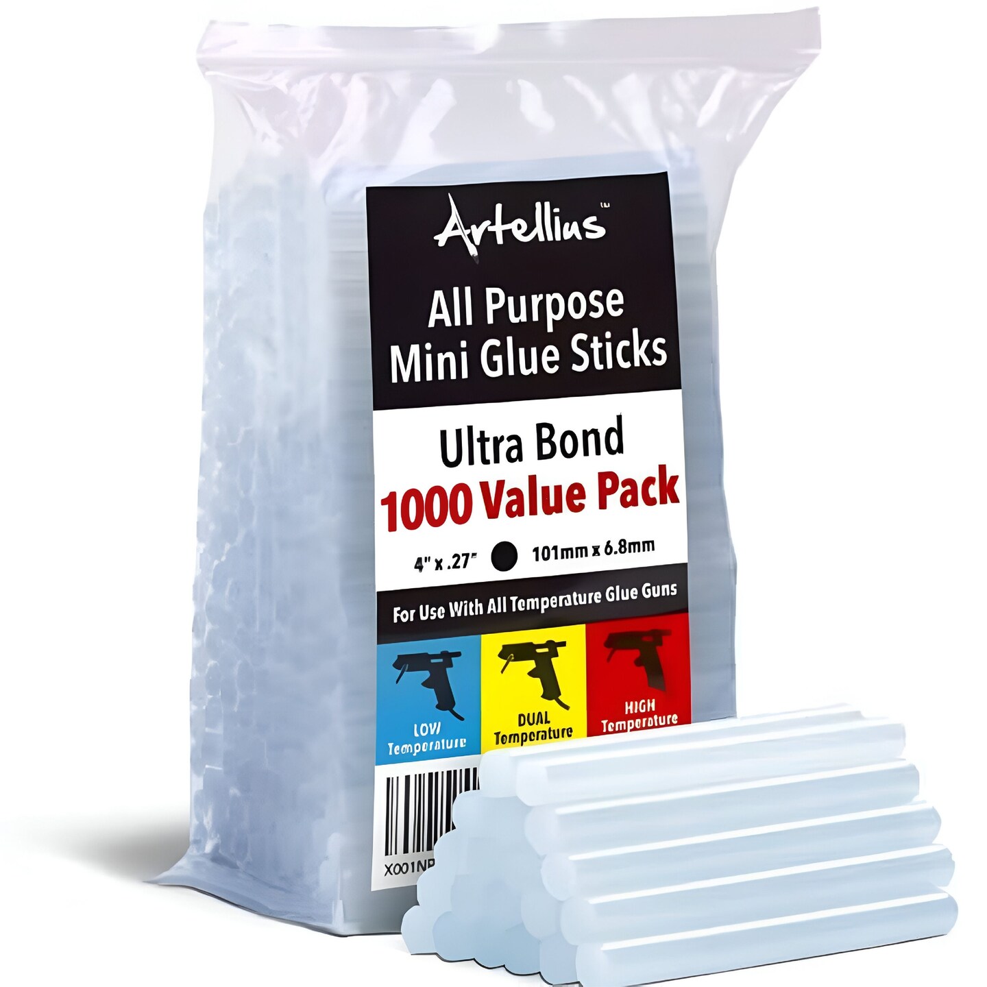 Artellius Mini Hot Glue Gun Sticks 4&#x22; and 0.27 Diameter - Compatible with Most Glue Guns (HUGE BULK PACK OF 1000)