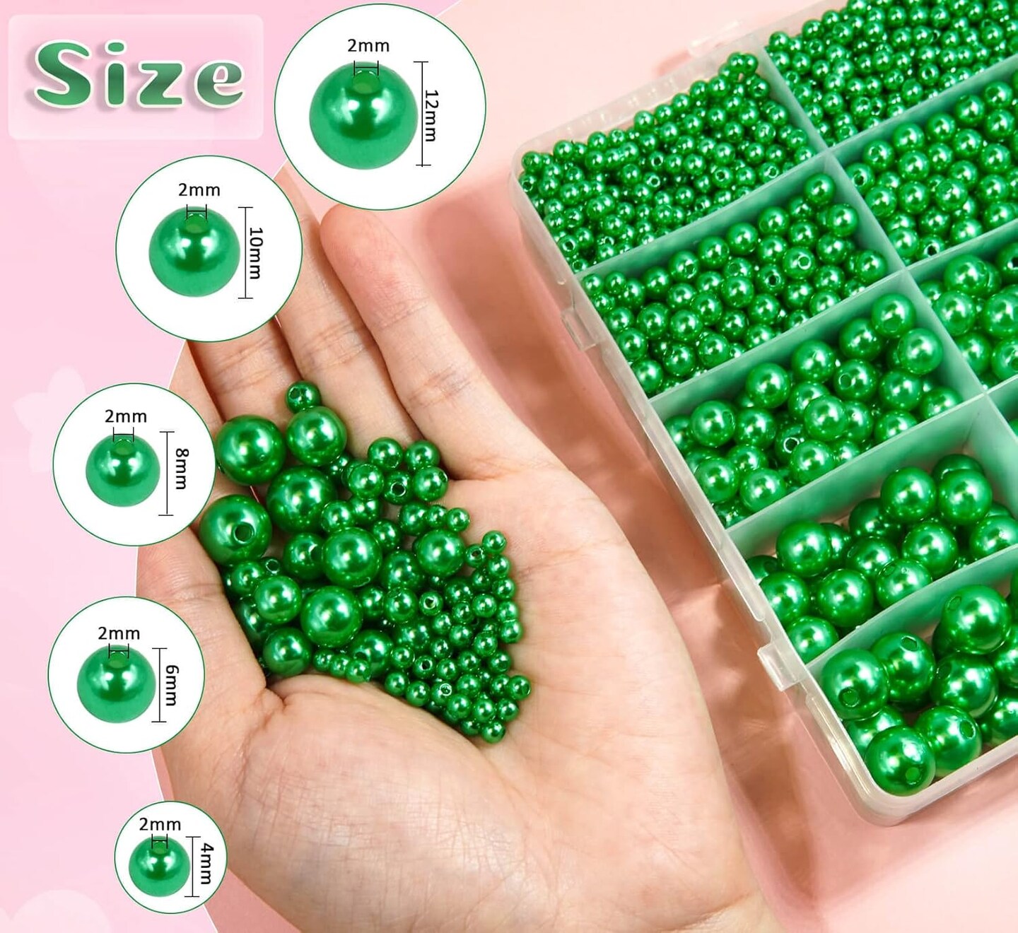 Green Pearl Beads for Jewelry Making, 1750pcs Grassy Green Pearl Craft Bead with Hole 4mm 6mm 8mm 10mm 12mm Loose Spacer Bead for Necklace Bracelet Earrings Ring Choker Wedding Dress Decor